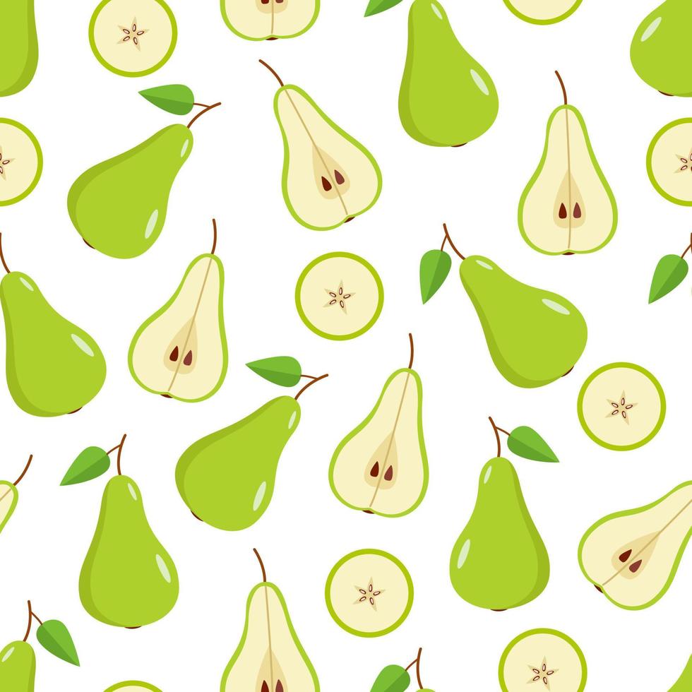 la pera verde de patrones sin fisuras es entera, media y una rodaja de pera sobre un fondo blanco. ilustración vectorial de peras de frutas jugosas maduras vector