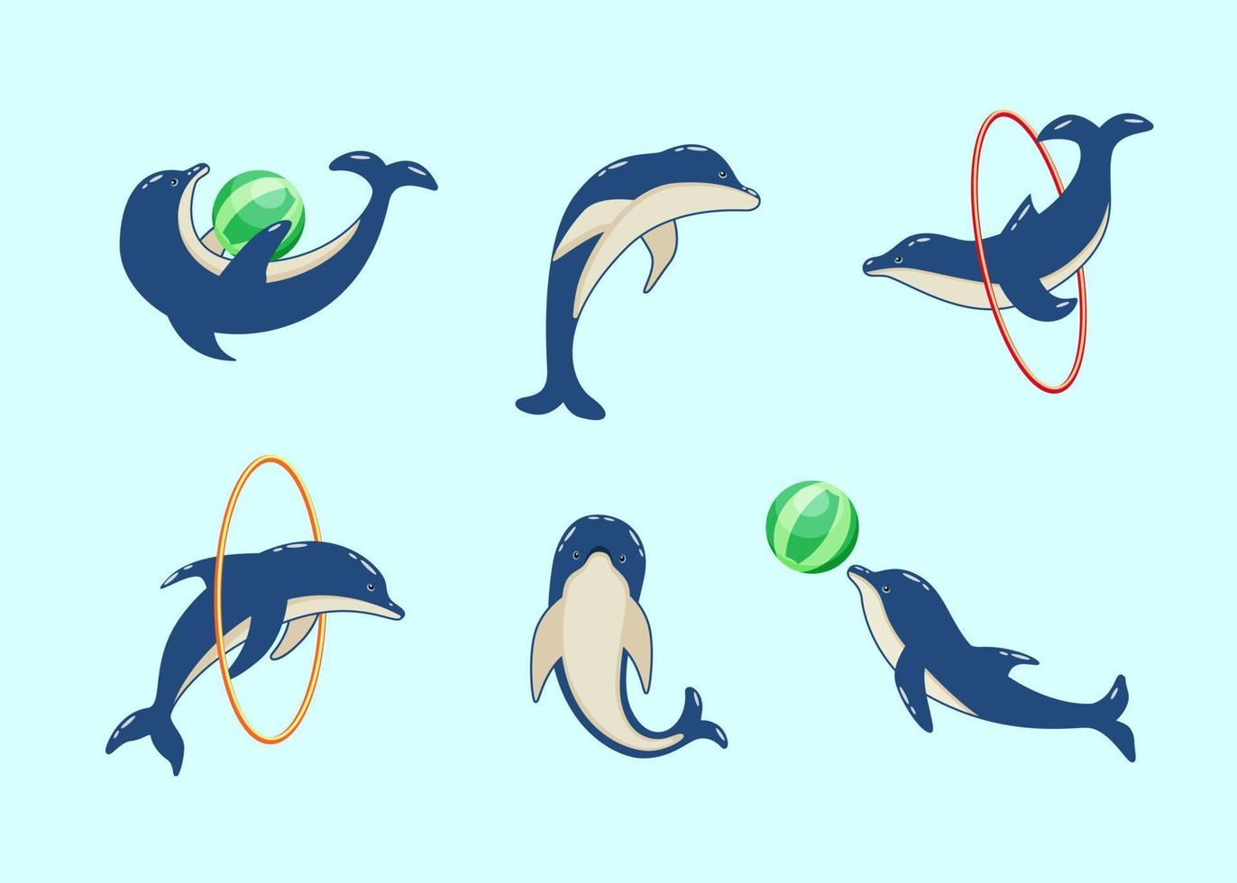 Set of cartoon dolphins in different poses, vector illustration of marine animals. Painted dolphins swim and players in dolphinarium