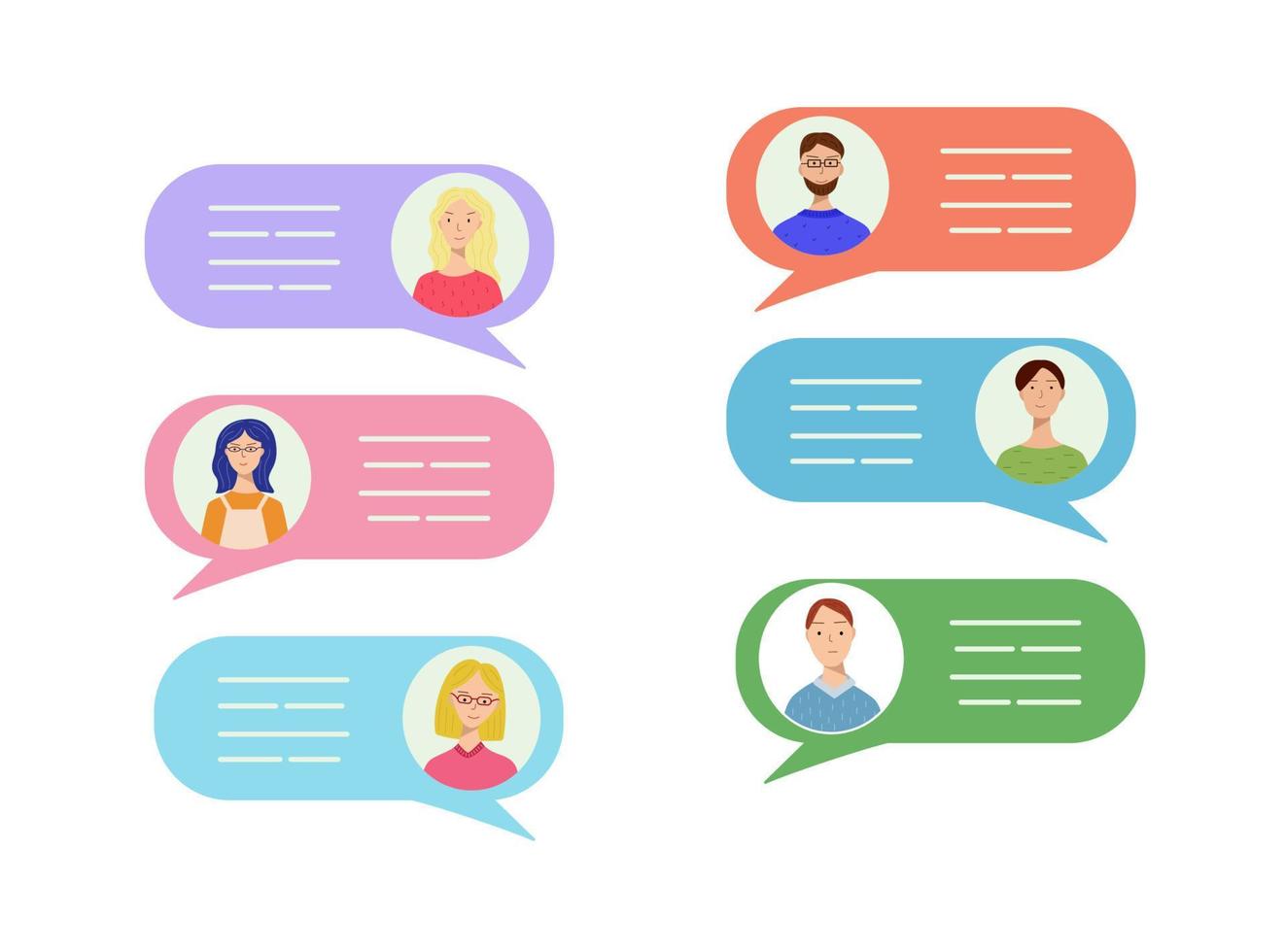 A set of avatars of different men and women in speech bubbles. Concept of chat, message, web communicate, messenger. Vector illustration of an online conversation