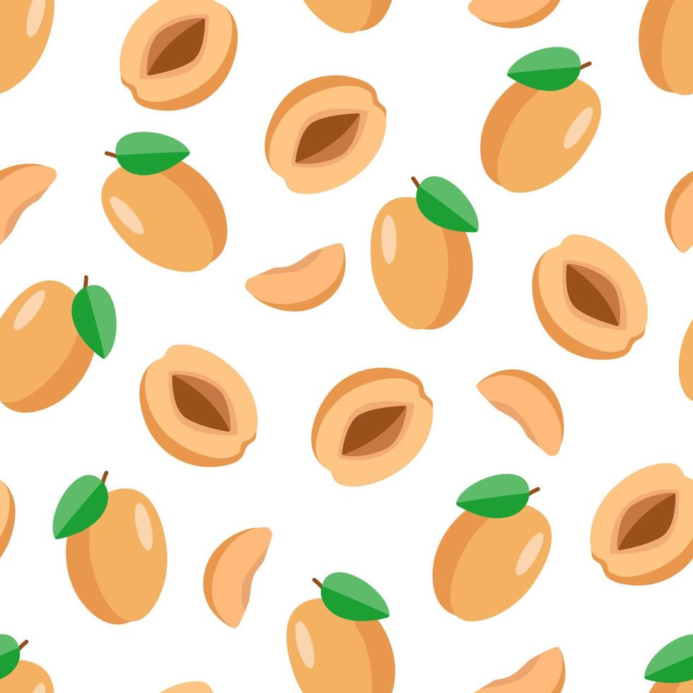seamless pattern Set of apricots whole with a leaf, half an apricot with a stone and a slice. Vector illustration of ripe delicious berries
