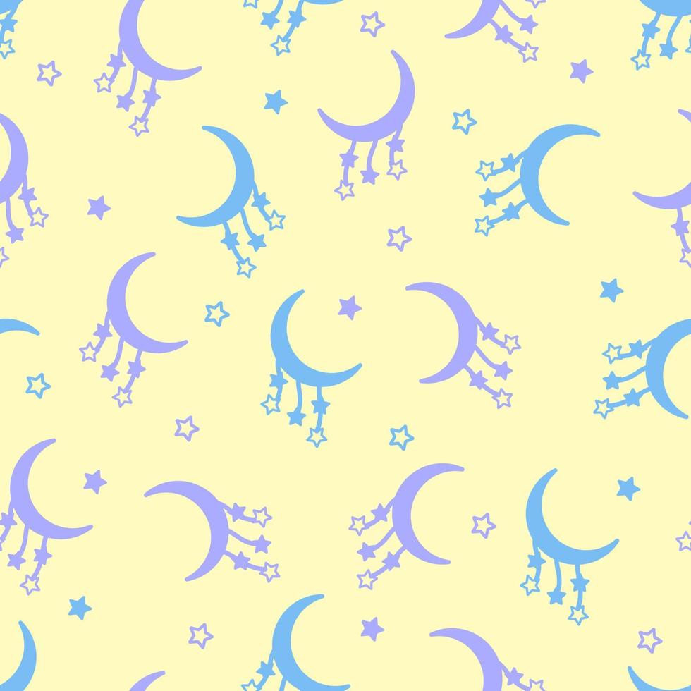 Seamless pattern of the moon and stars in soft pastel colors. Vector repeating illustration for children's bedrooms and clothes