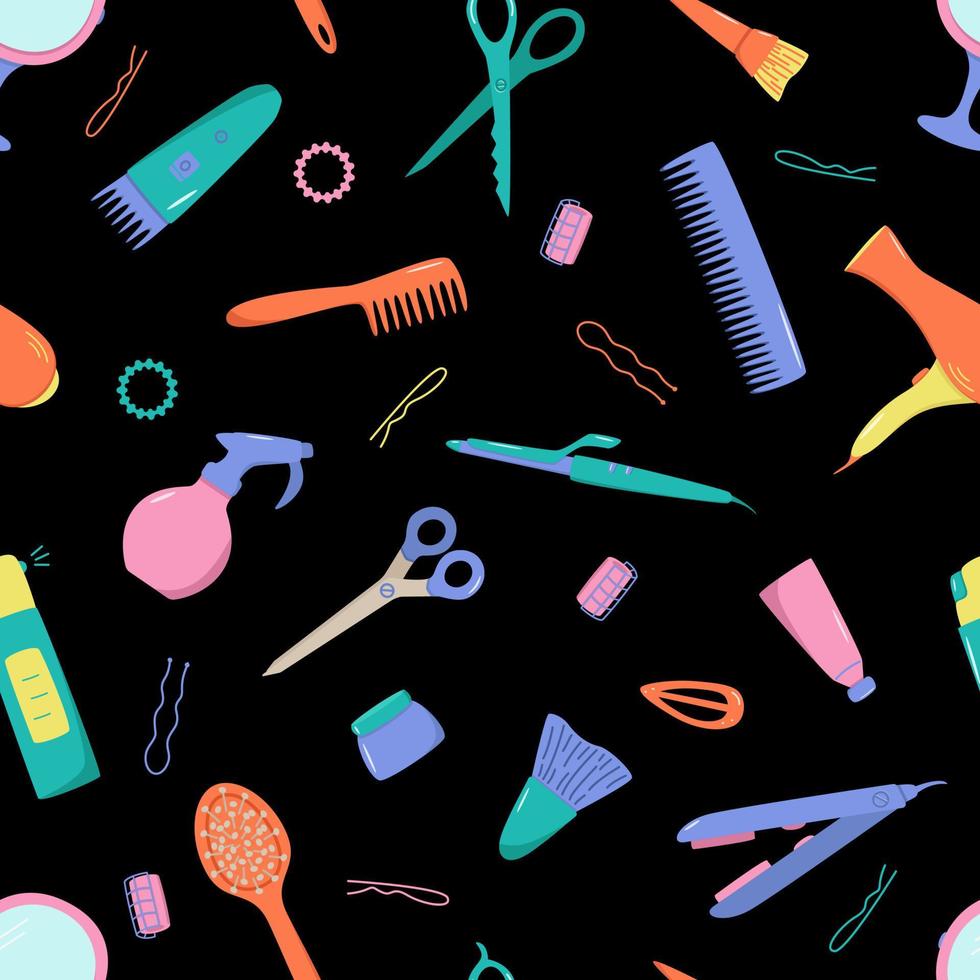 Seamless pattern hairdressing tool kit for beauty salon or home use. Vector illustration of doodle icons for self and hair care. Comb, razor, hair dryer, curling iron and other items