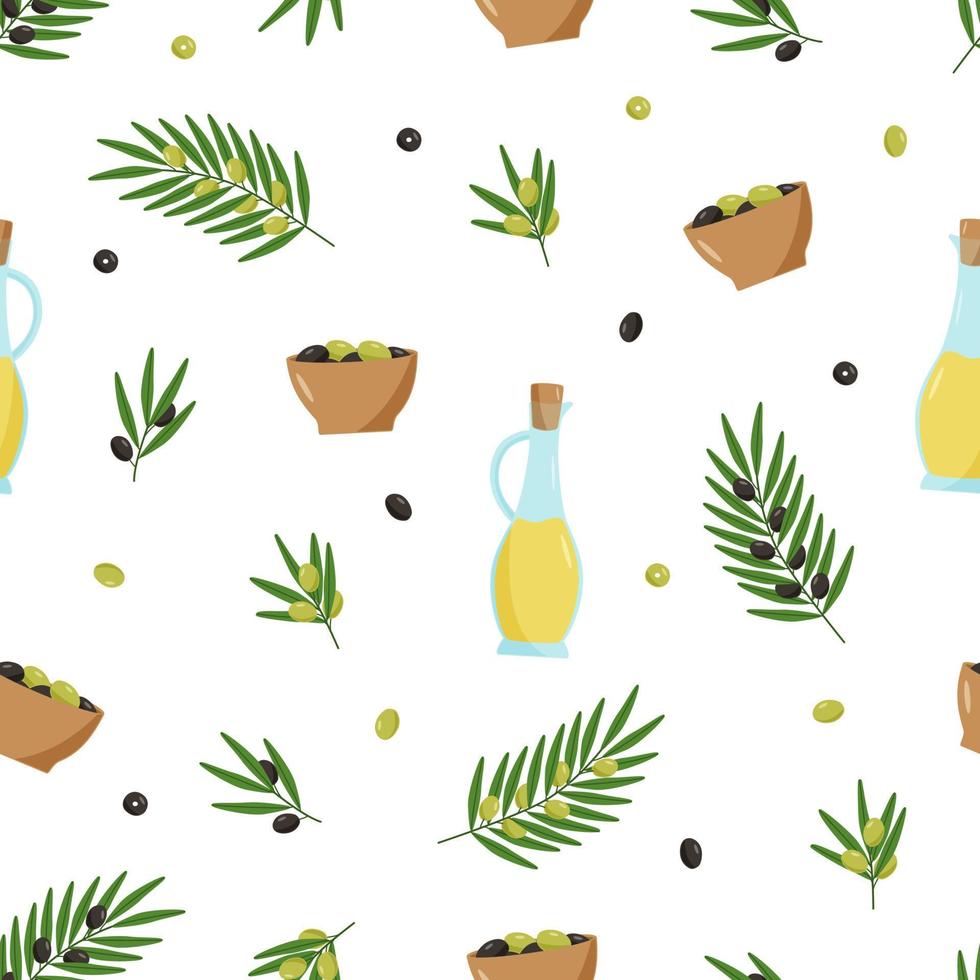 aceitunas de patrones sin fisuras, aceite de oliva y ramas con hojas y bayas. ilustración vectorial vector