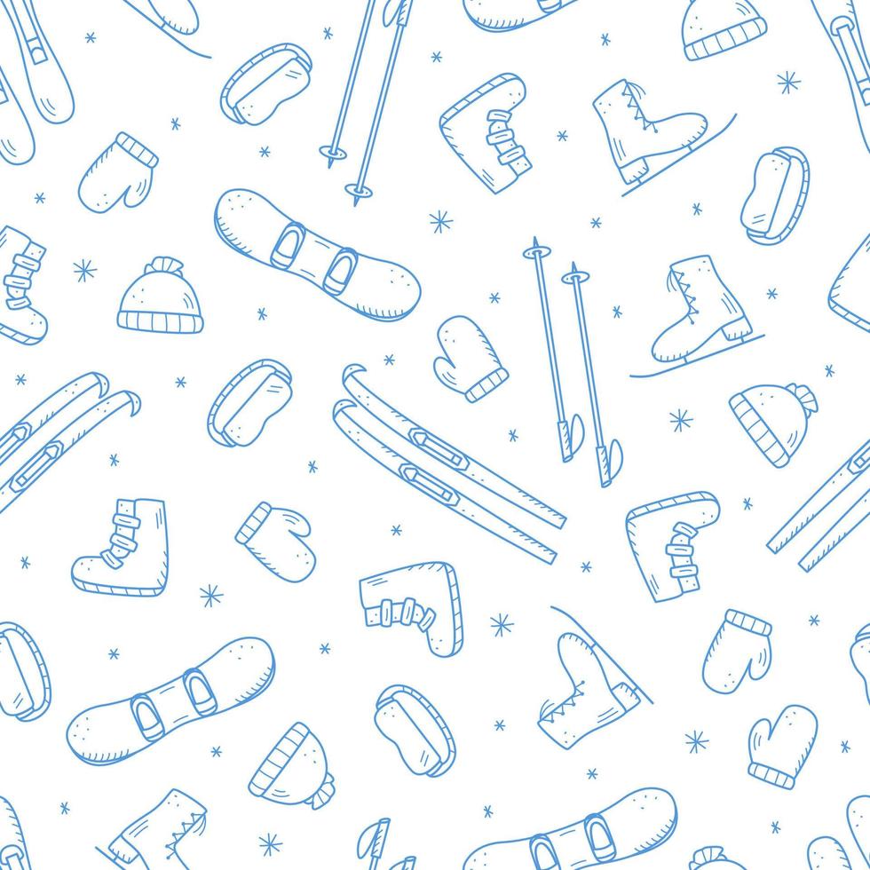 Seamless doodle pattern elements of winter active sports, skiing with sticks, downhill skiing, snowboarding, ice skates, winter clothing vector