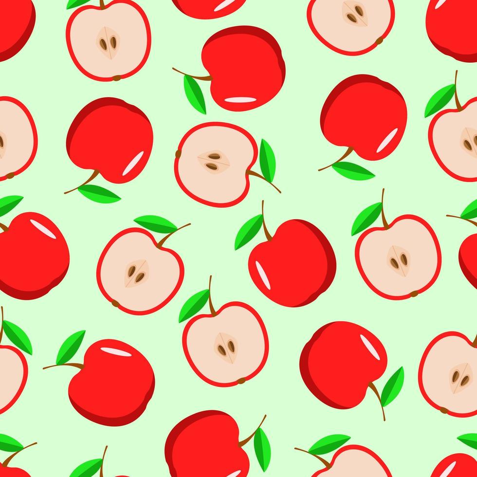 Seamless Pattern Fresh red apple and half apple, vector illustration of ripe fruit