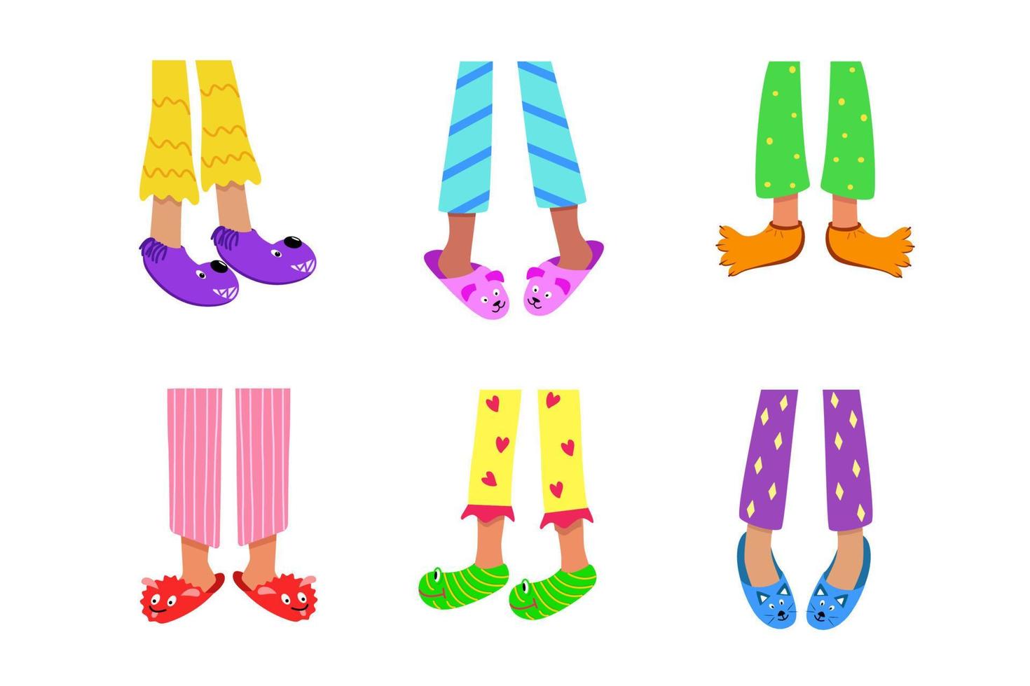 Children's feet in colored pajamas and funny slippers. Vector illustration of home sleeping clothes and shoes. The concept of a pajama party