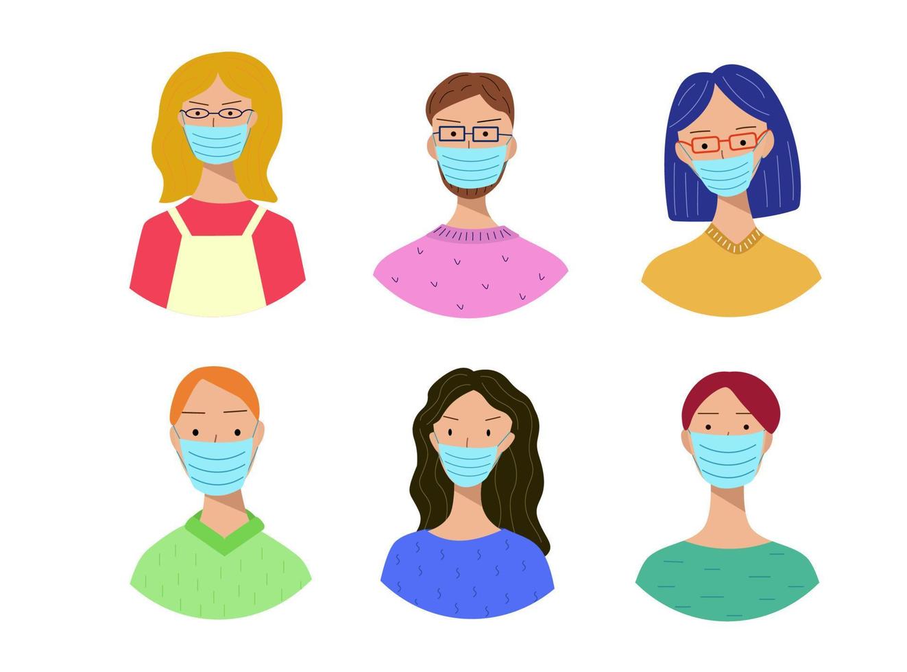Set of portraits of people of different men and women in medical masks on their faces. Prevention of coronavirus infection vector