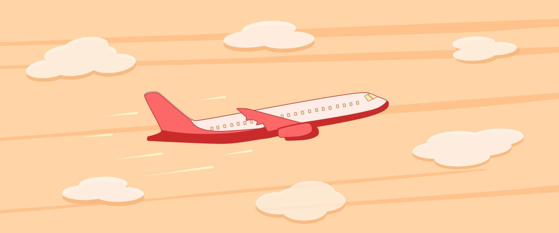 Passenger plane in flight on the background of the sunset, the sky with clouds. Vector illustration of an airplane
