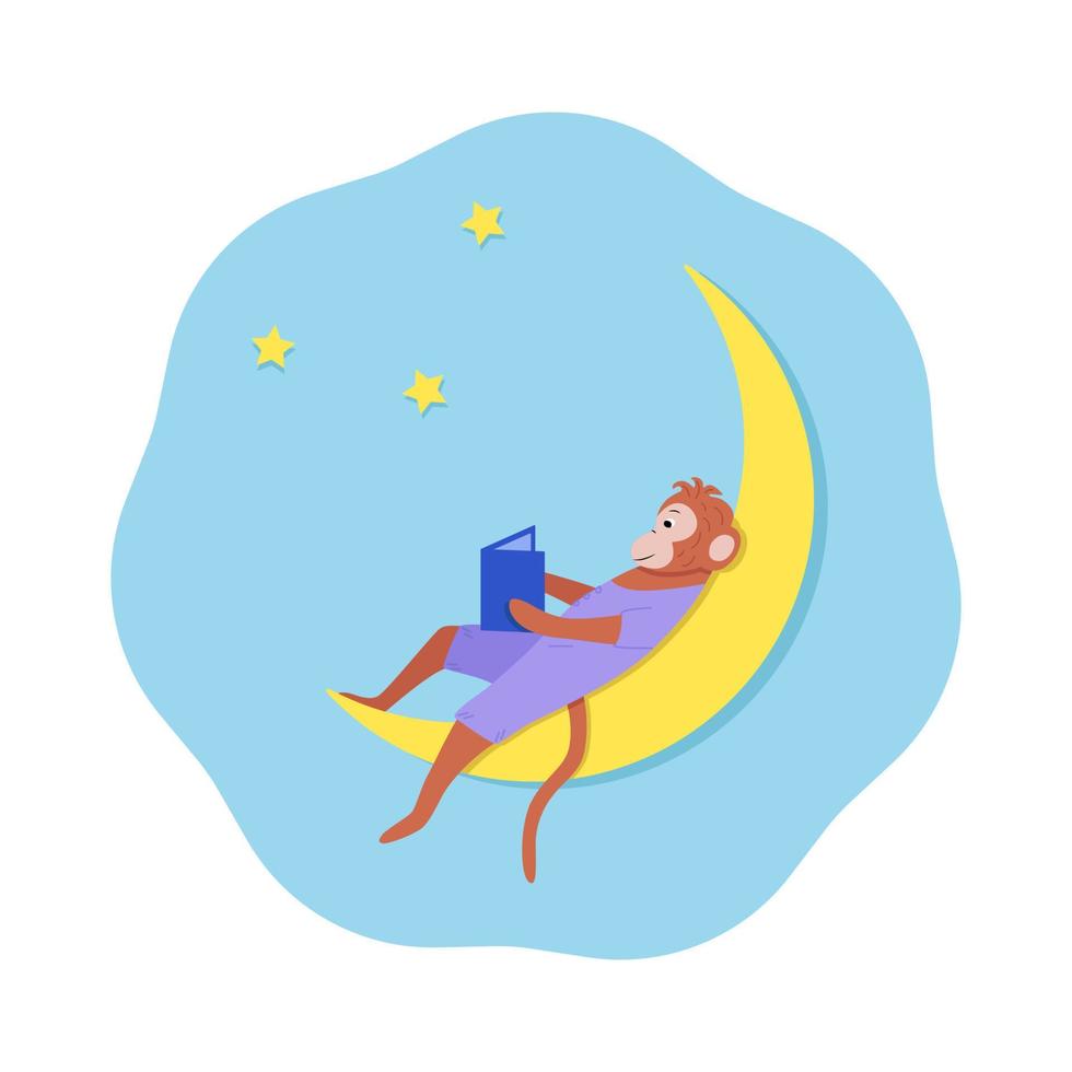 un mono de dibujos animados se sienta en la luna y lee un libro. concepto buenas noches, un cuento para dormir. ilustración vectorial vector