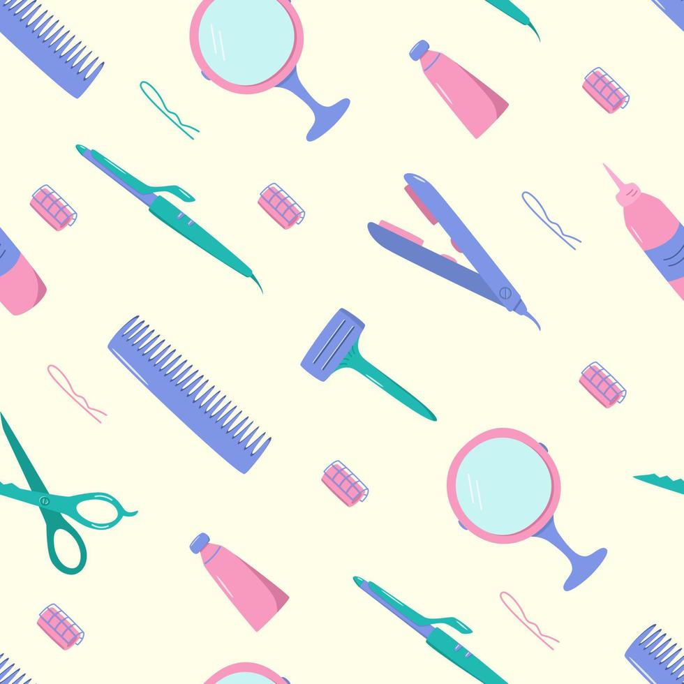 Seamless pattern hairdressing tool kit for beauty salon or home use. Vector illustration of doodle icons for self and hair care. Comb, razor, hair dryer, curling iron and other items