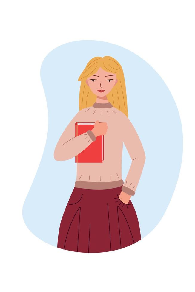 Cute student girl with a book in her hand. Vector illustration of a apprentice, the concept of education