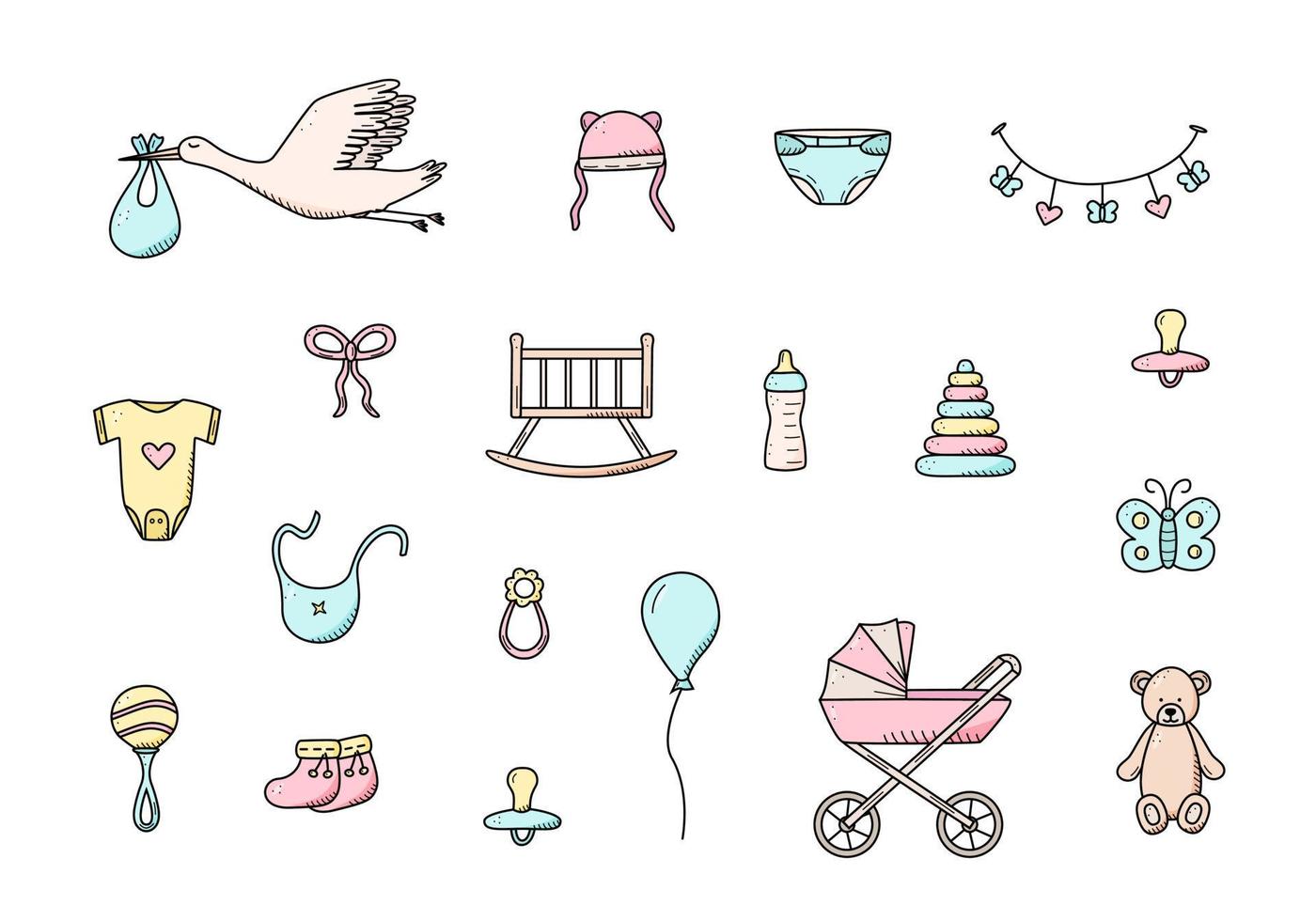 Newborn icons set. Vector illustration of elements for a little baby. baby stroller, baby work, rattles and teddy bear and much more