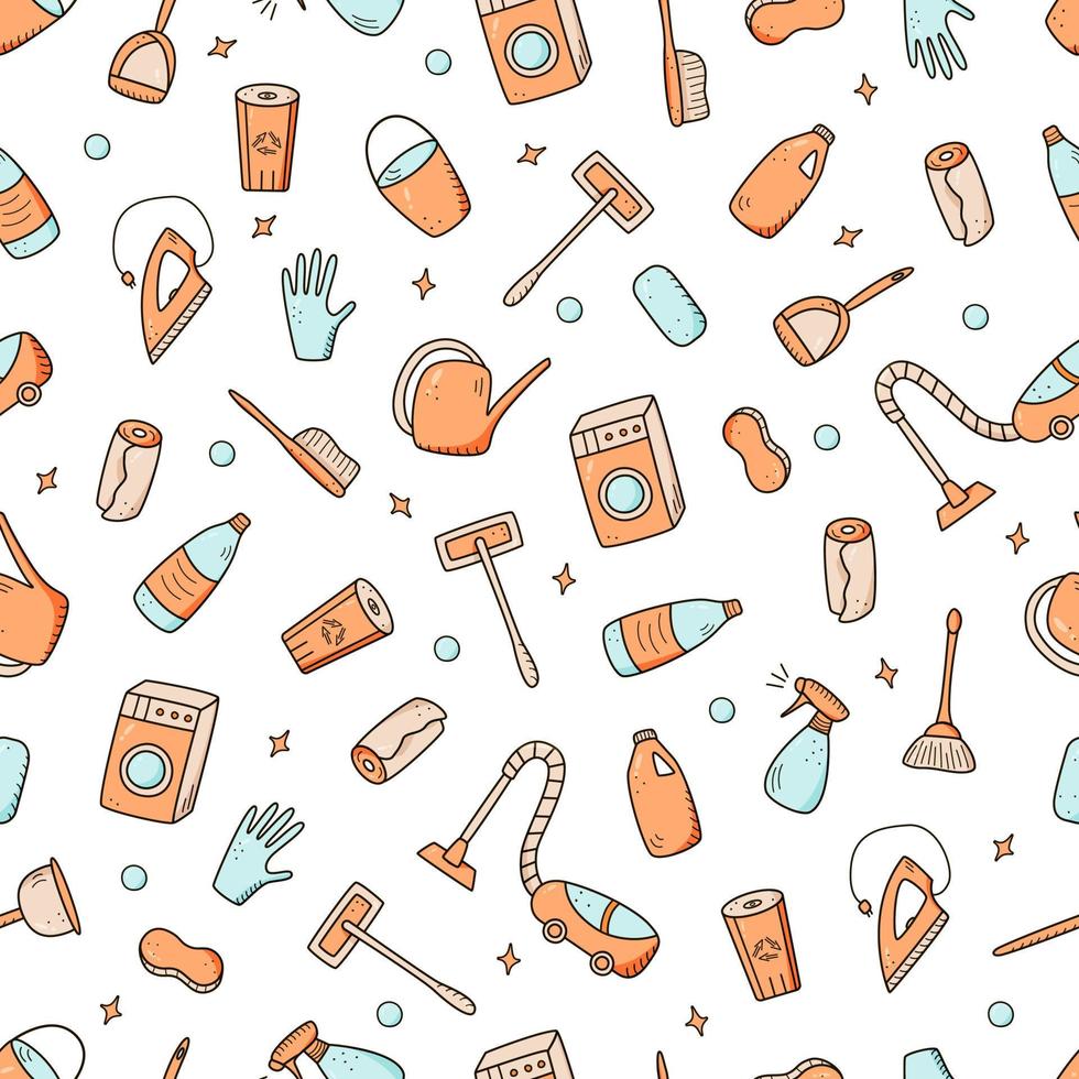 elementos de limpieza de vector de estilo de doodle de patrones sin fisuras. un conjunto de dibujos de productos y artículos de limpieza. equipo de lavado de habitaciones