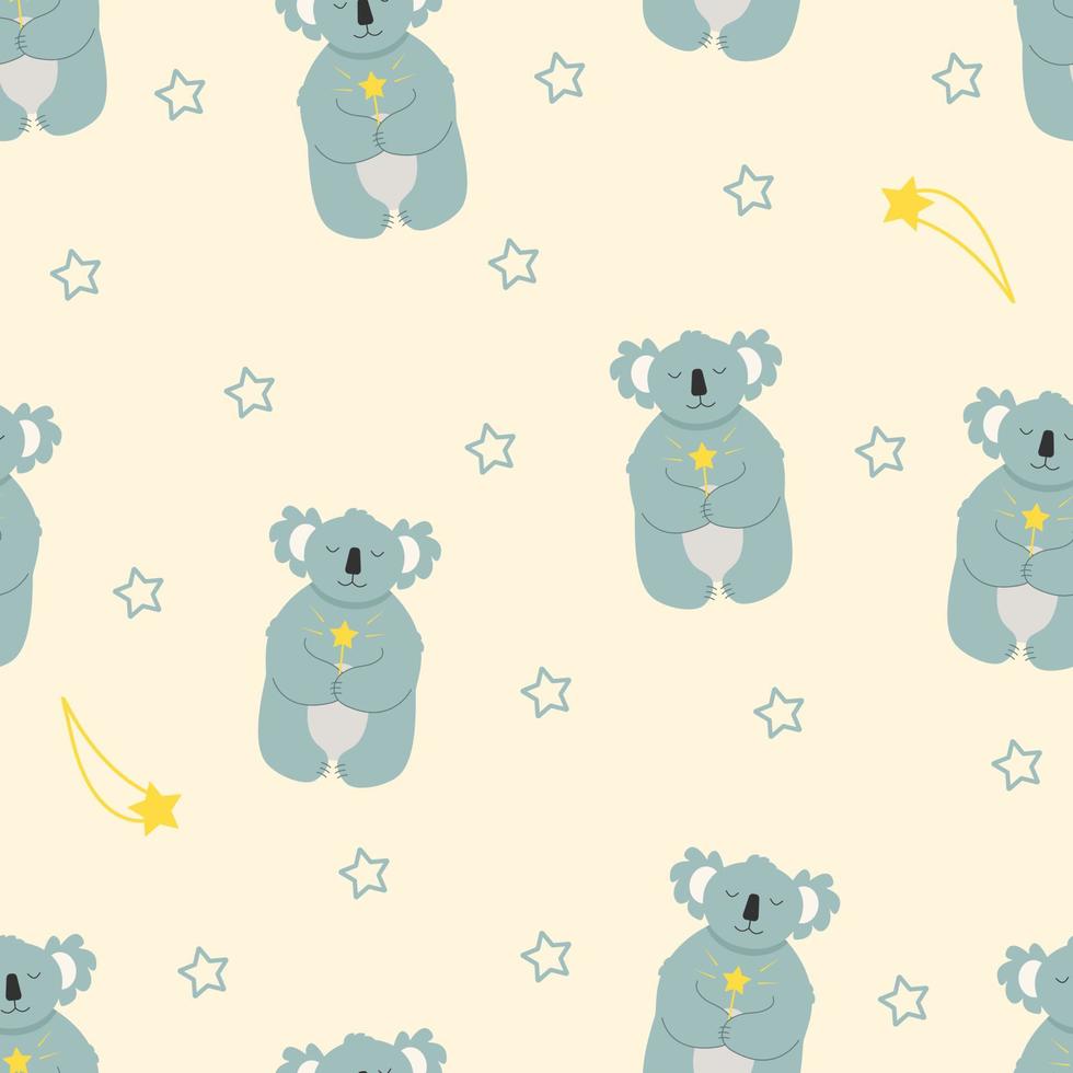 Seamless pattern Cute cartoon character koala on a cloud with a magic wand dreams. Vector illustration