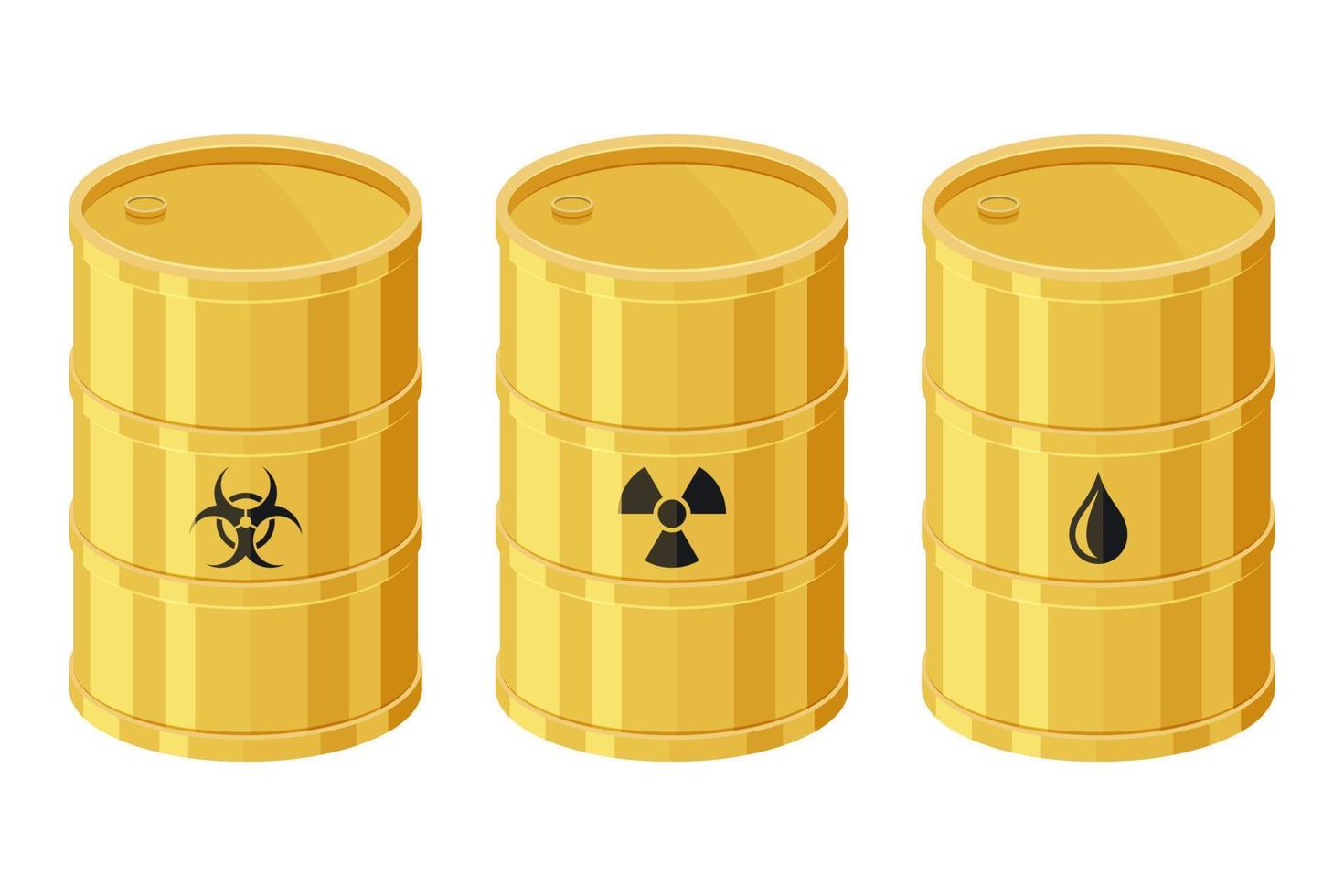 Yellow barrels vector containing oil, biohazard waste, vector radioactive waste, isolated white background