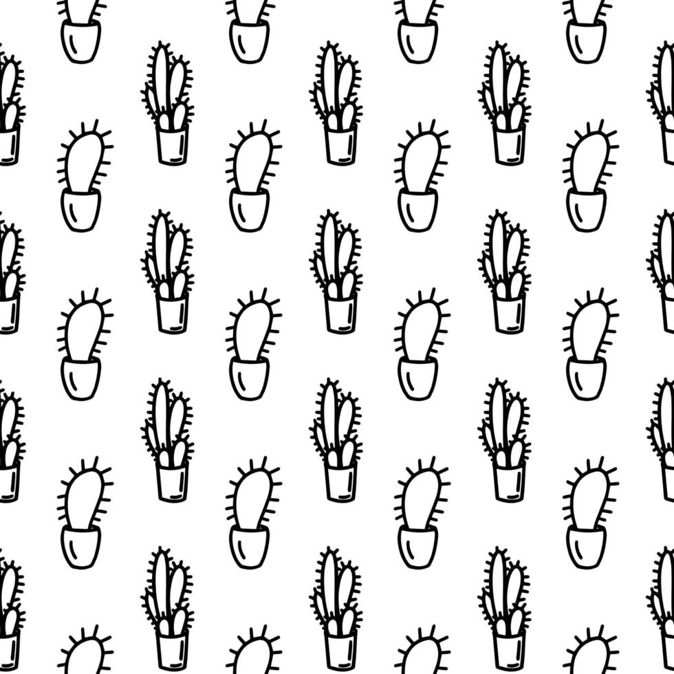 Abstract flower seamless pattern with leaves and dots. Doodle cute black and white background. Summer monochrome simple print. Hand drawn flowers in pots. Black and white wallpaper, cactus vector