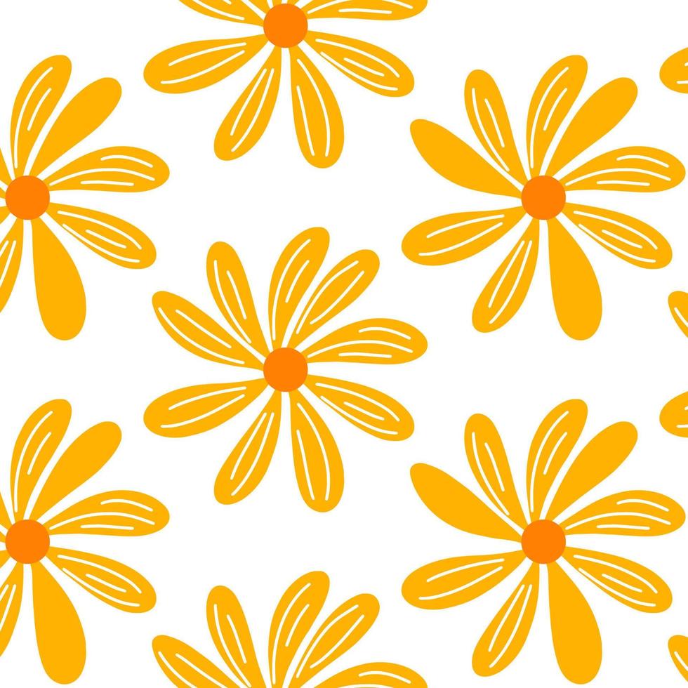 Hand drawn chamomile, summer floral seamless pattern isolated on white background. Decorative doodle line art leaves. Tropical background for wedding design, wrapping, textiles, ornate greeting cards vector