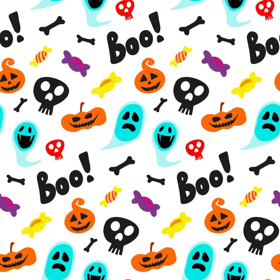 Halloween doodle festive seamless pattern. Vector hand drawn endless background with pumpkins, skulls, bats, spiders, ghosts, bones, candies, spider web and speech bubble with boo. Trick or treat.