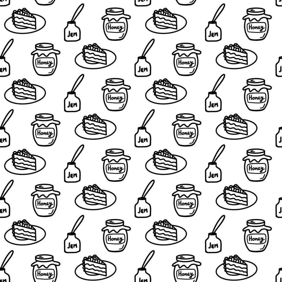 Vector hand drawn seamless pattern with different sweet icons isolated on white background. Doodle honey, cake, raspberry jam wrap in line art style for a cafe decor. Adult and kids coloring page