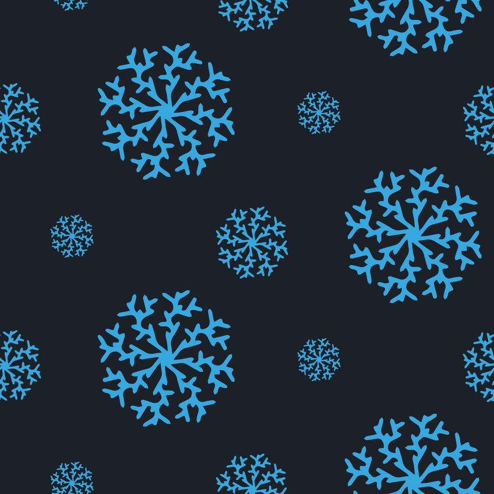 Navidad de patrones sin fisuras con copos de nieve aislado sobre fondo oscuro. Feliz año nuevo papel tapiz y envoltorio para diseño de temporada, textil, decoración, tarjeta de felicitación. impresiones dibujadas a mano y garabatos. vector