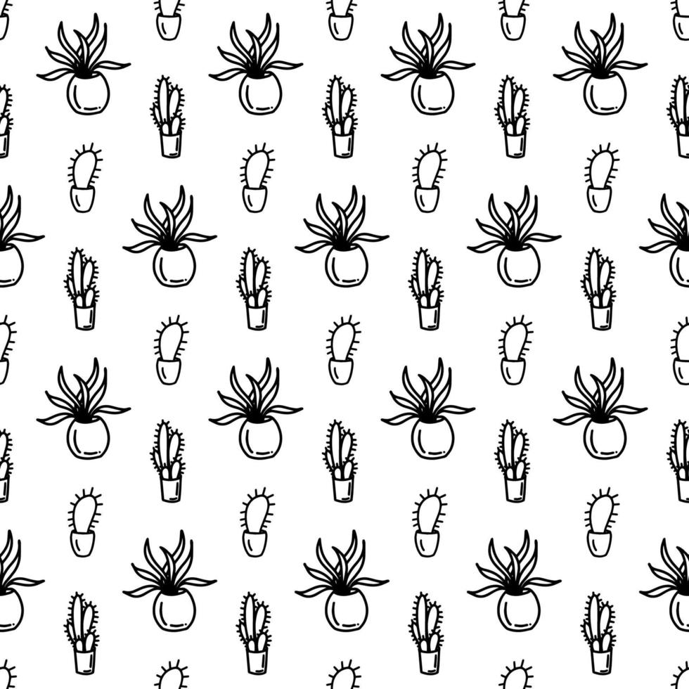 patrón sin costuras de flores abstractas con hojas y puntos. garabatear lindo fondo blanco y negro. impresión simple monocromática de verano. flores dibujadas a mano en macetas. papel pintado en blanco y negro, cactus, tulpin vector