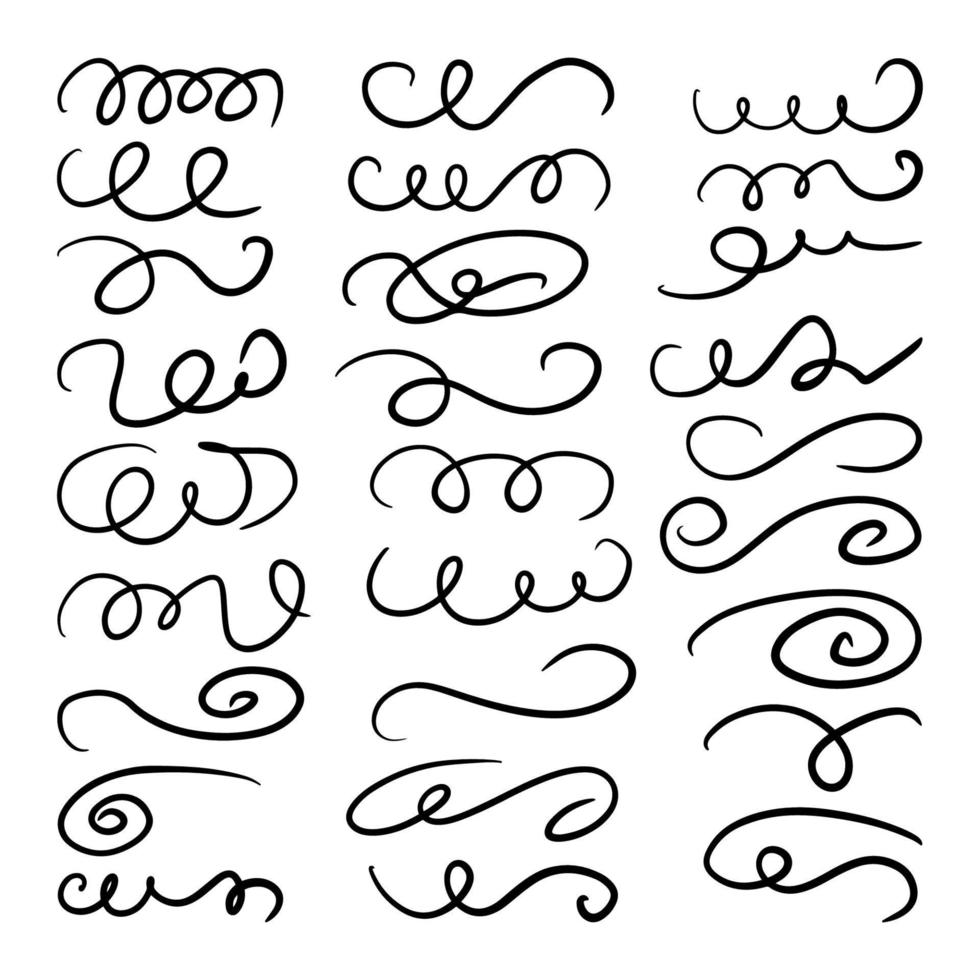 Curls abstract scribble with hand drawn line. Doodle decorative curls, swirls, flourishes and text calligraphy dividers collection. Simple vintage elements isolated on white background for design. vector