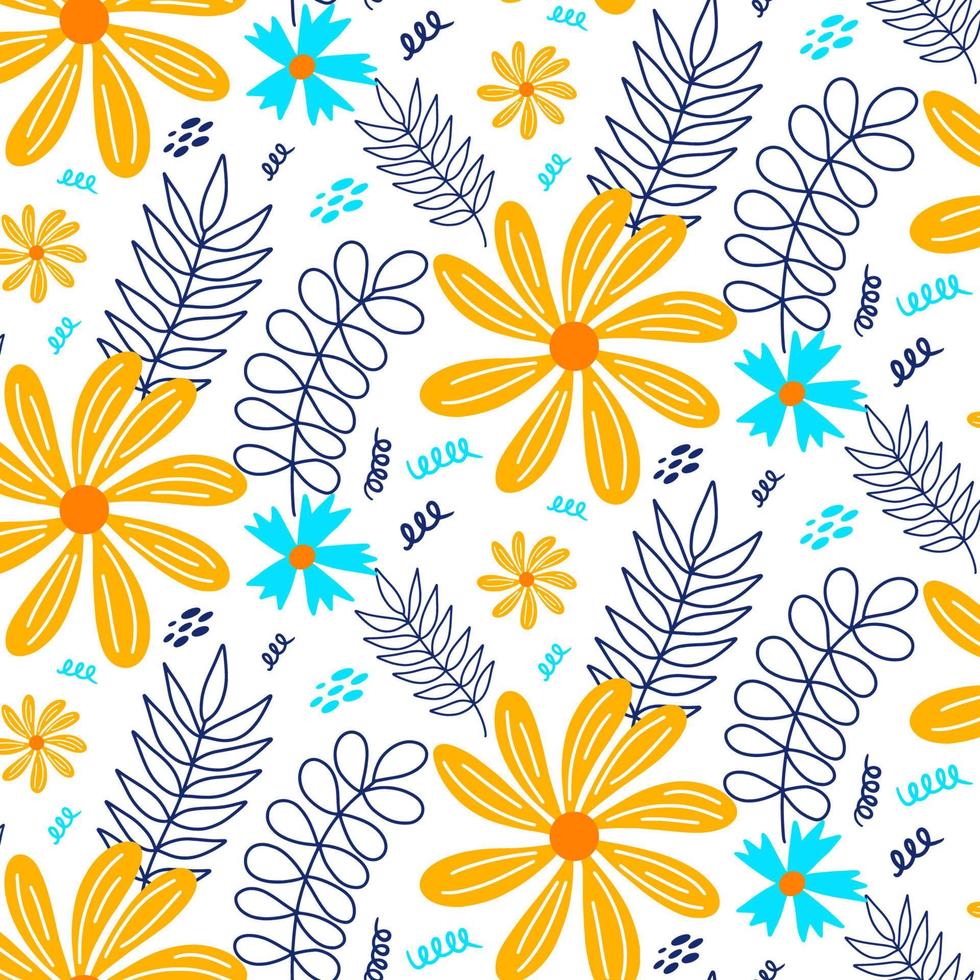 vector dibujado a mano verano patrón transparente floral aislado sobre fondo blanco. garabatear hojas y flores. dibujos animados de fondo tropical para el diseño de bodas, envolturas, textiles, adornos y tarjetas de felicitación