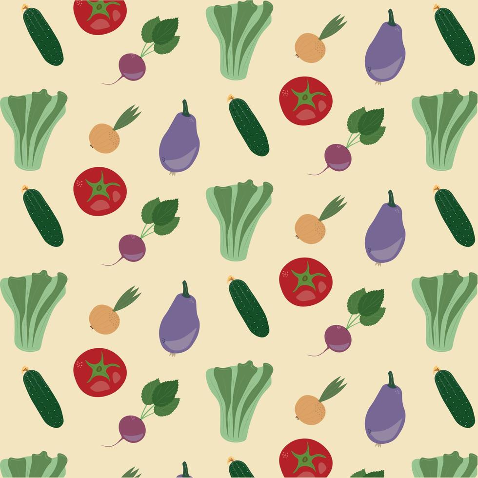 Vegetable pattern with tomato, salad, cucumber, radish, onion and eggplant in vector