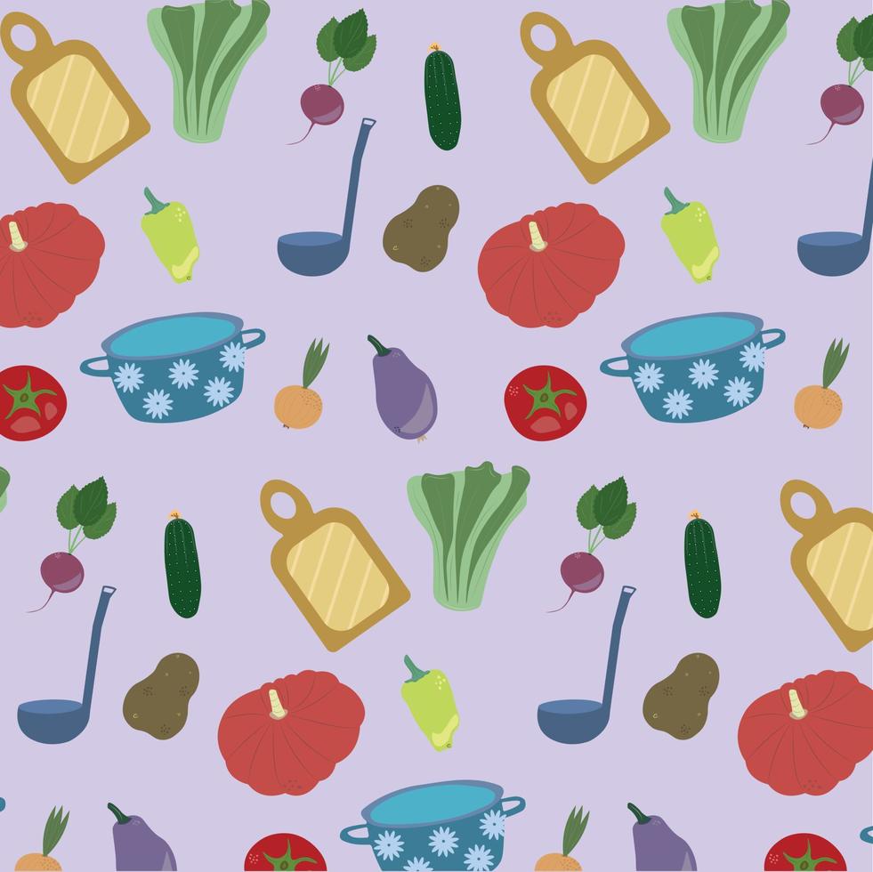 patrón de cocina y verduras con cacerola, cucharón, pepino, tomate, ensalada, calabaza y cebolla sobre fondo morado en vector