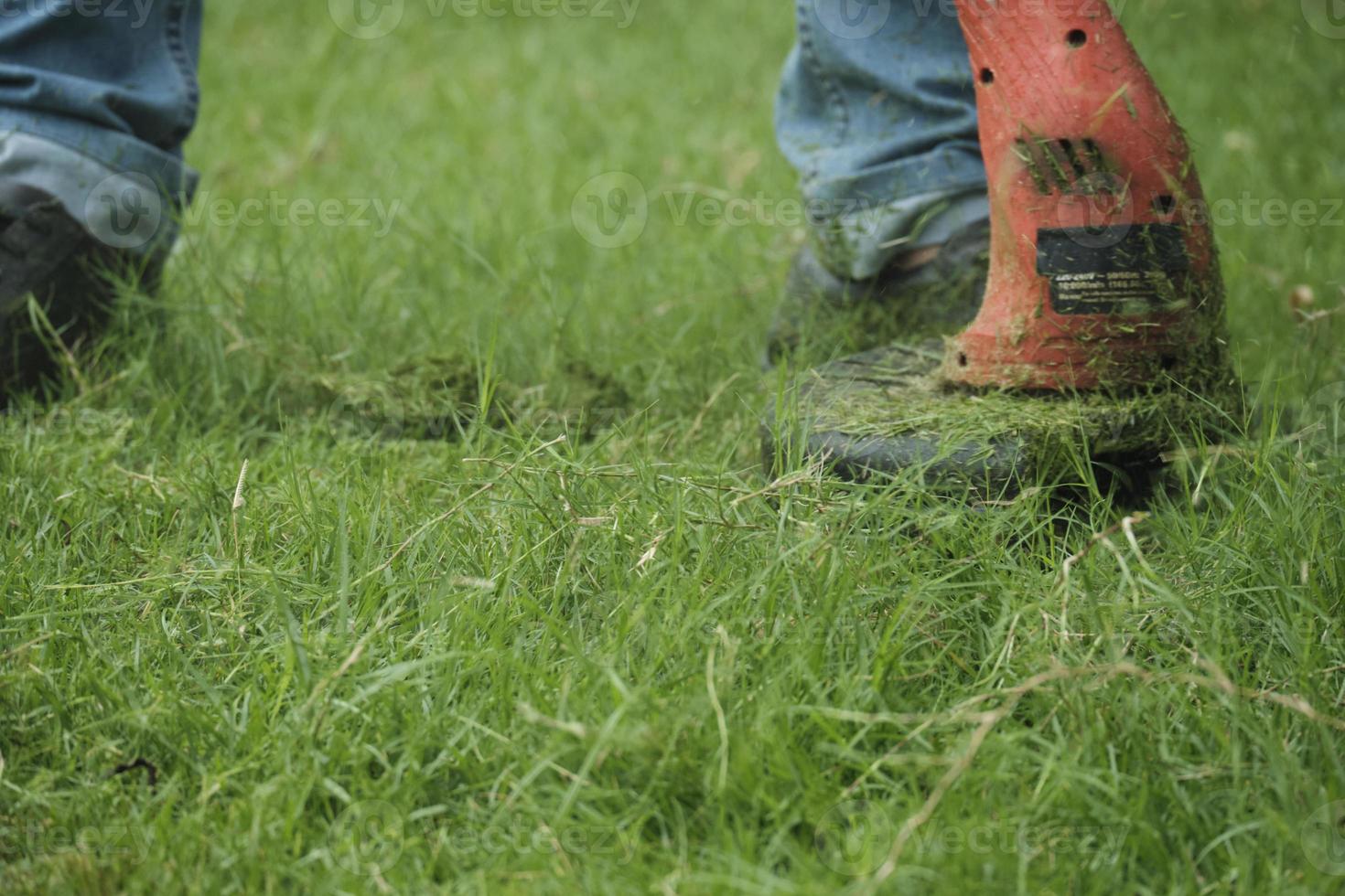 Close-up shot of male worker in jeans maintenance garden using an electric lawnmower to trim overgrown green grass in the lawn yard, scattering the grass in summer, outdoor landscaping work service. photo