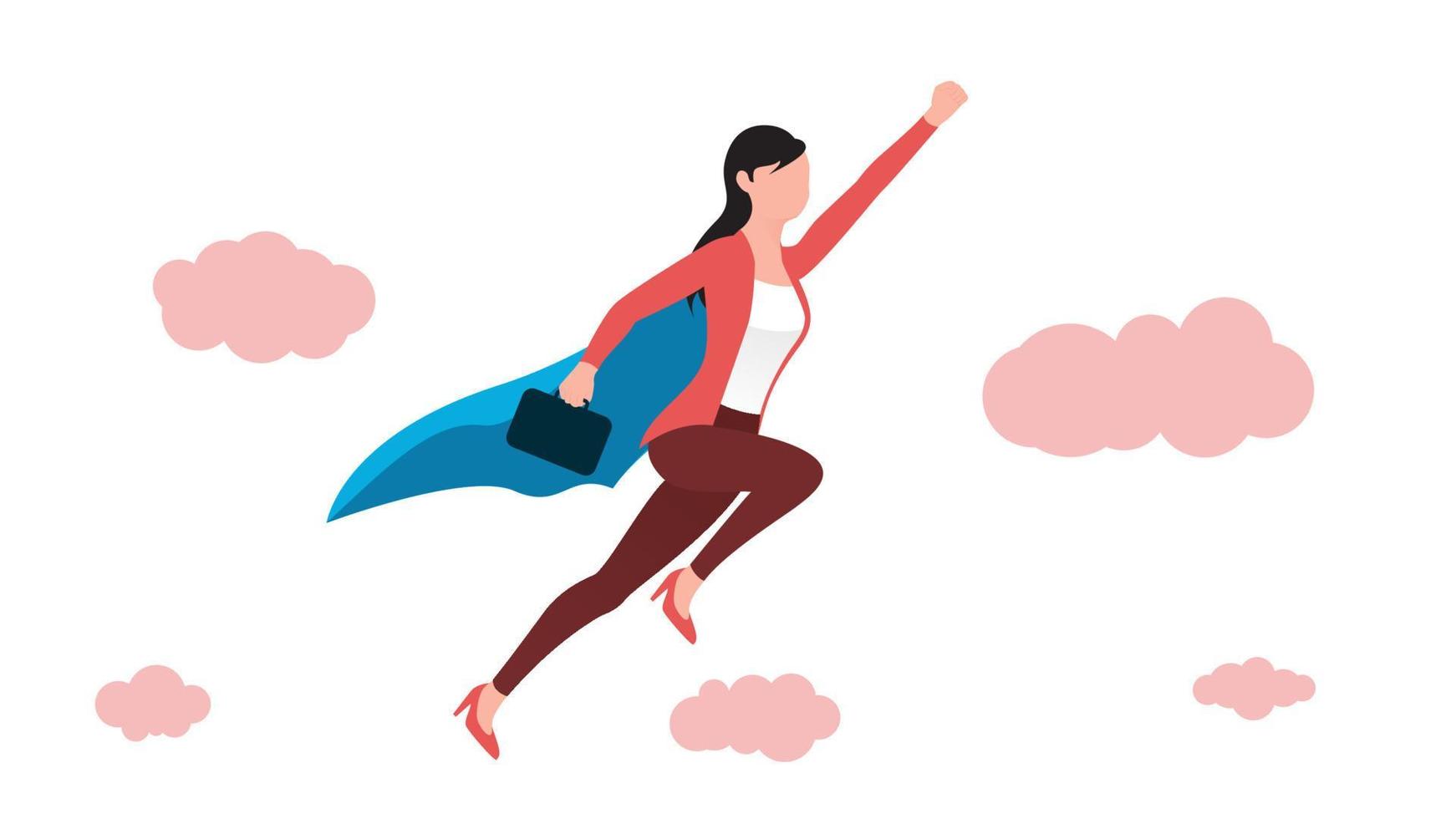mujer volando en pose de superhéroe con maletín, ilustración de vector de carácter empresarial sobre fondo blanco.