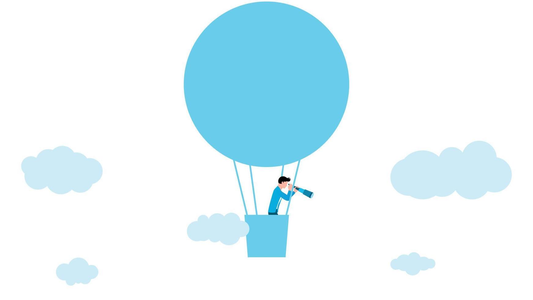 Man with telescope on hot air balloon, business character vector illustration on white background.