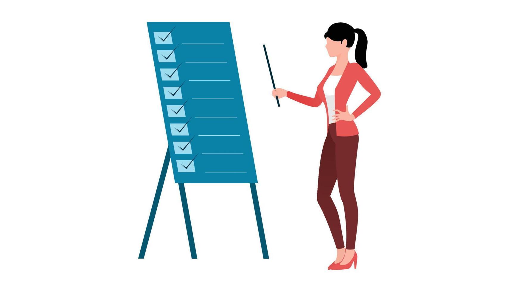 mujer apuntando al tablero de análisis o al tablero de lista de tareas, ilustración de vector de carácter de negocio plano sobre fondo blanco.
