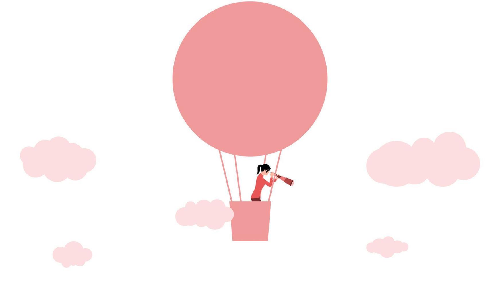 woman with telescope on hot air balloon, business character vector illustration on white background.
