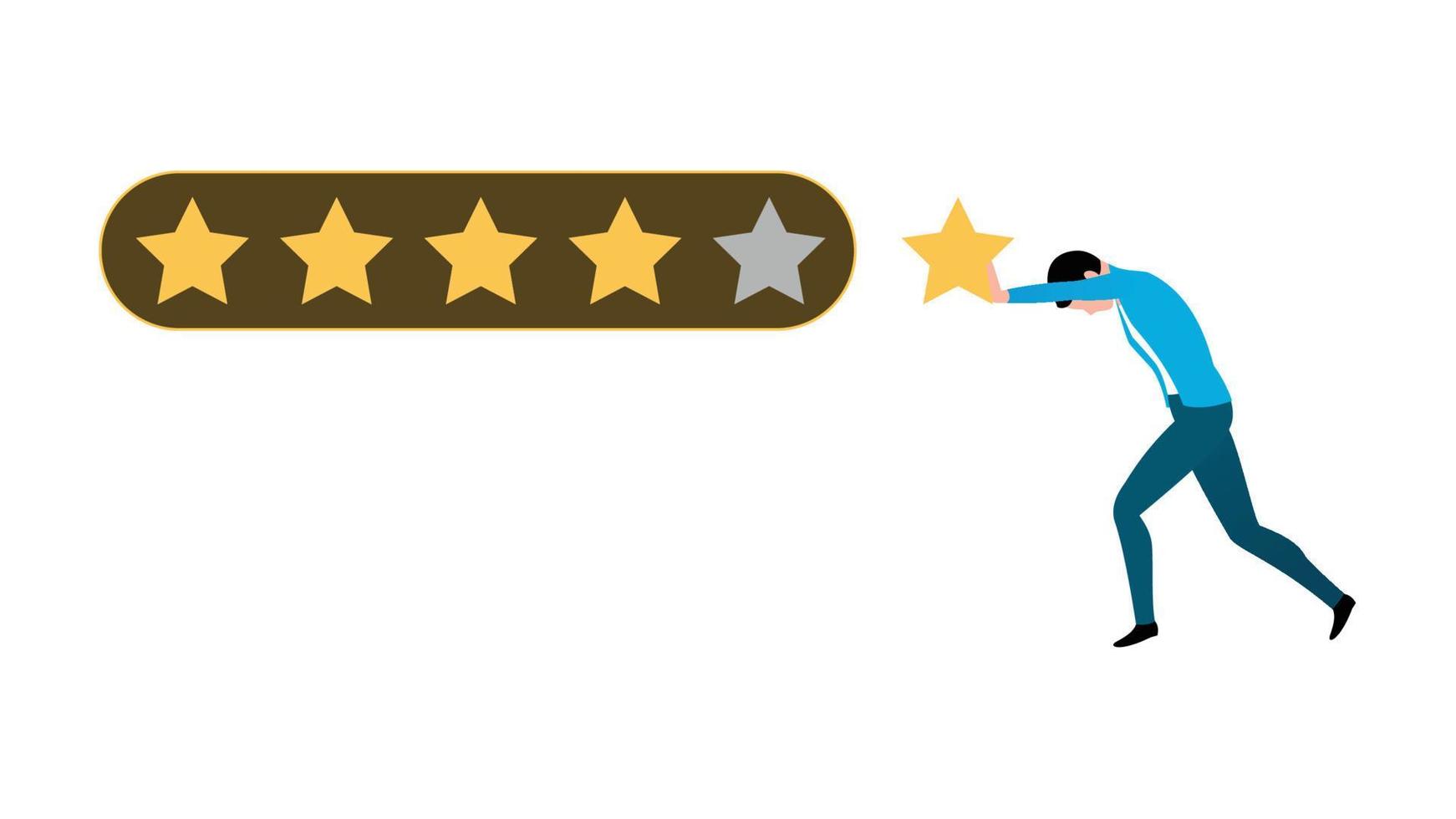 A man struggling to get five star rating, business character vector illustration on white background.