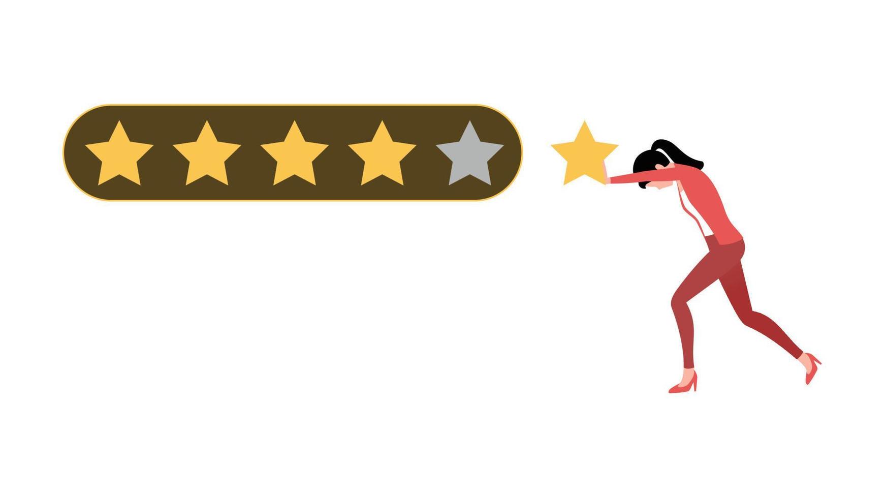 A girl struggling to get five star rating, business character vector illustration on white background.
