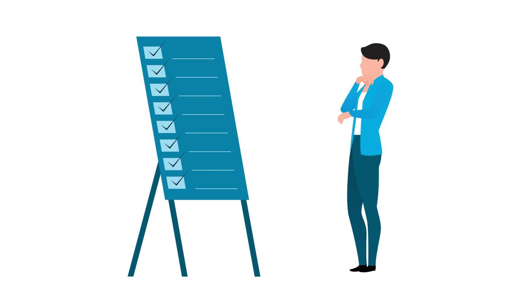 man with analysis board or task list board, flat business character vector illustration on white background.