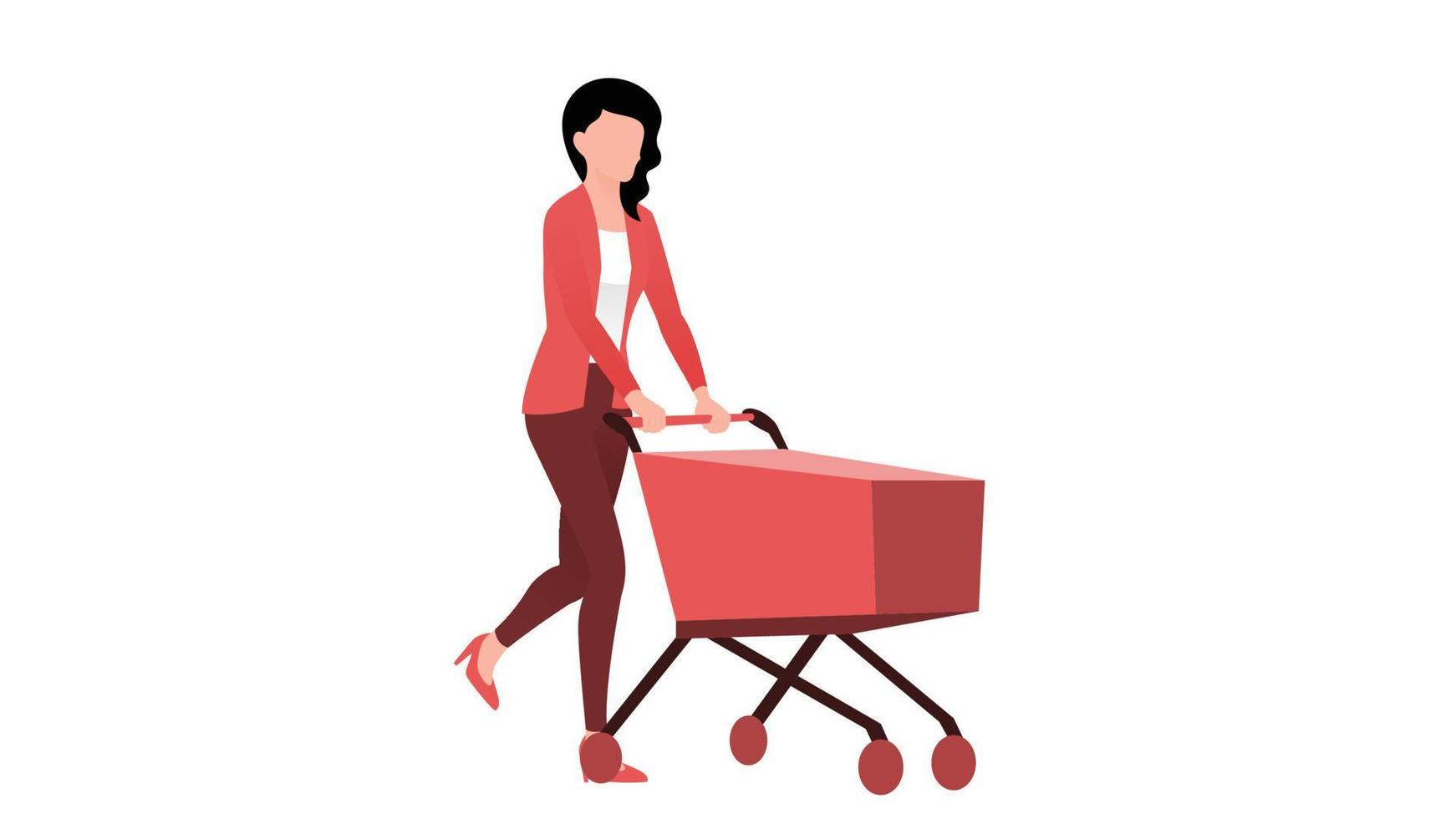 mujer con carrito de compras vacío, ilustración de vector de carácter empresarial sobre fondo blanco.