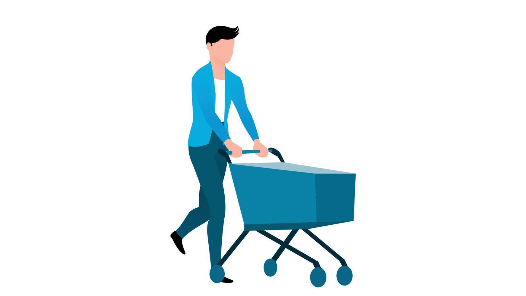 hombre con carrito de compras vacío, ilustración de vector de carácter empresarial sobre fondo blanco.