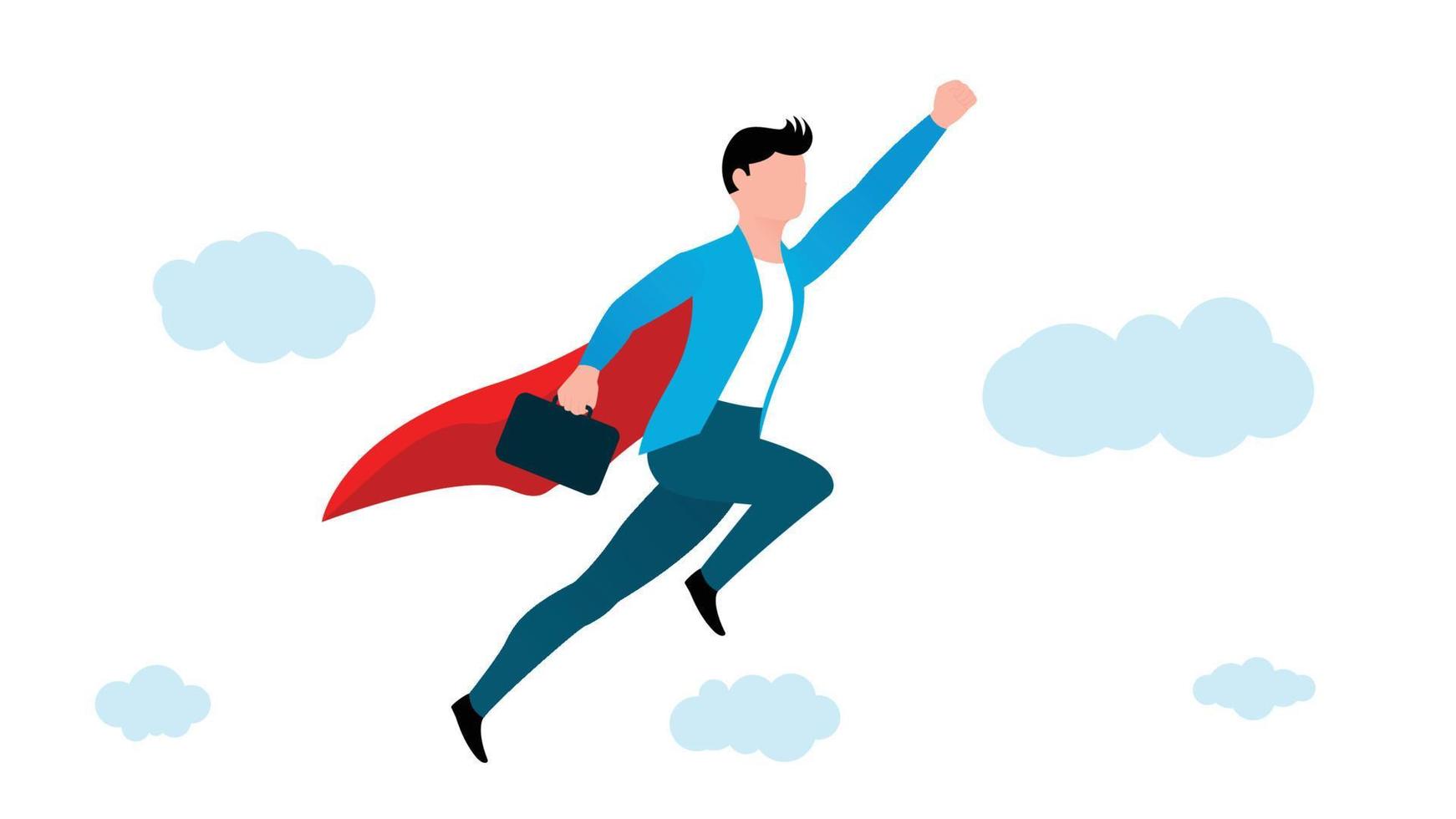 hombre volando en pose de superhéroe con maletín, ilustración de vector de carácter empresarial sobre fondo blanco.