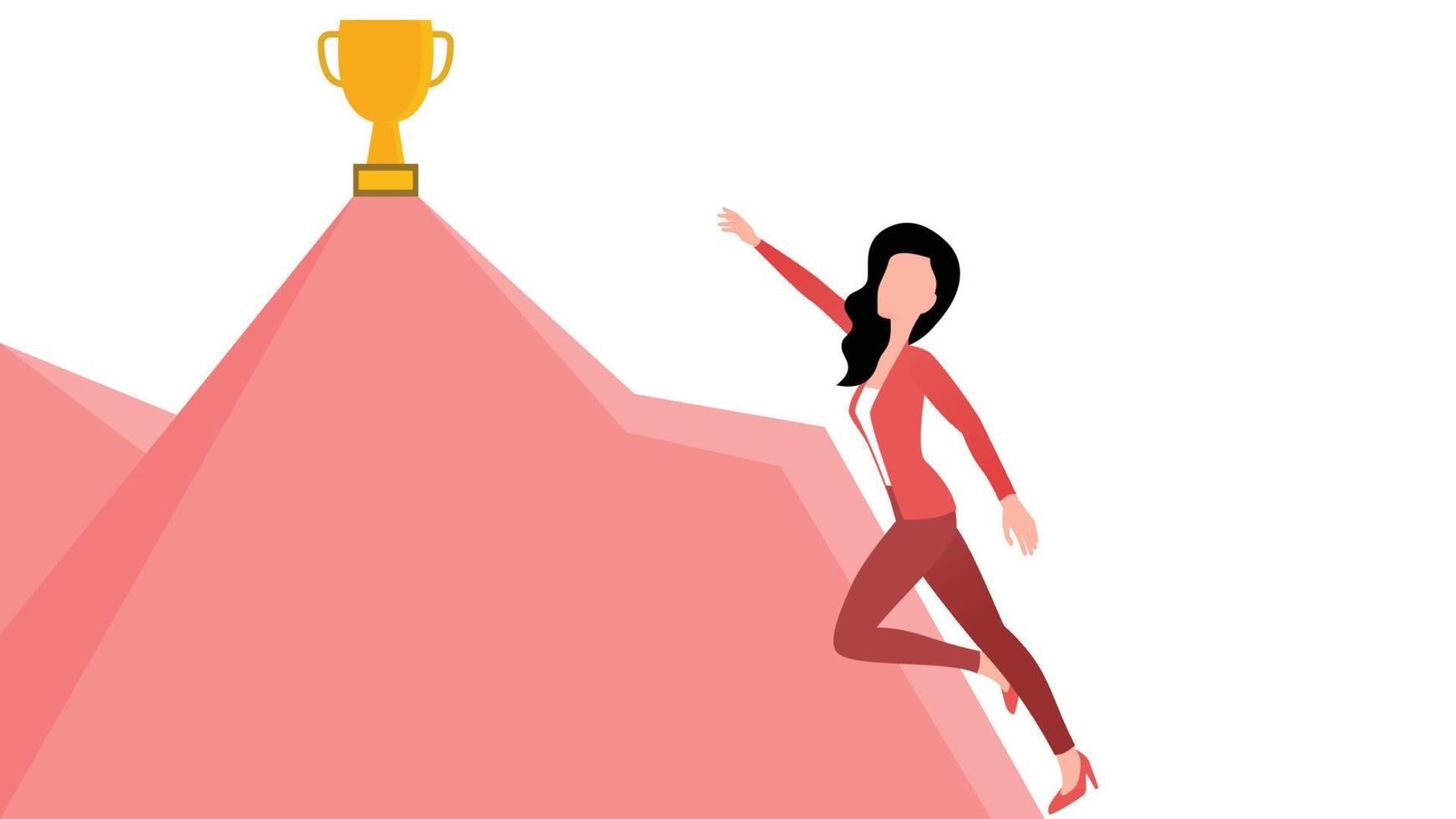 mujer de negocios luchando por conseguir un trofeo, ilustración de vector de carácter empresarial sobre fondo blanco.