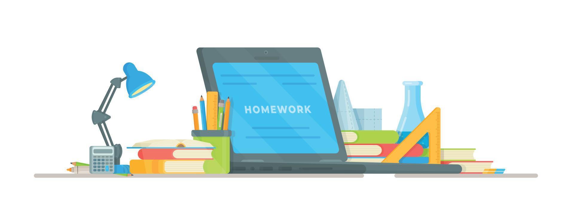 Online Learning. Vector illustration of doing homework. Each student's workspace.