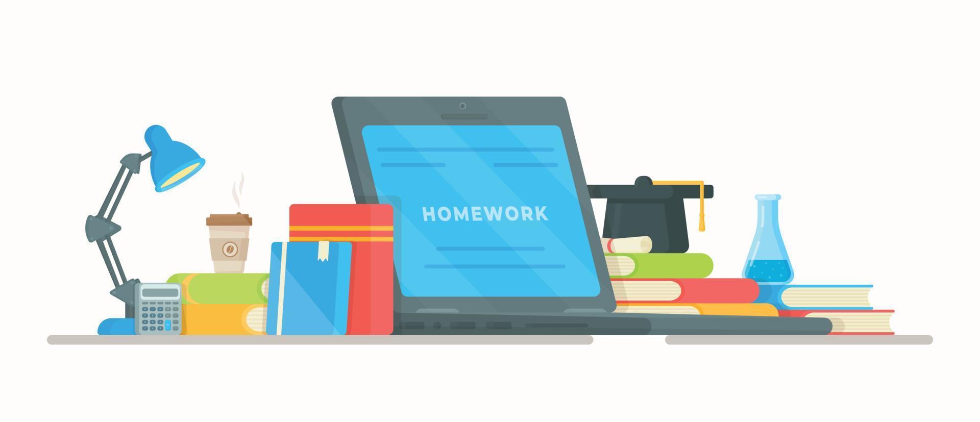 Doing your homework. Vector illustration of online learning. Computer lessons.  School, class, institute, exam.