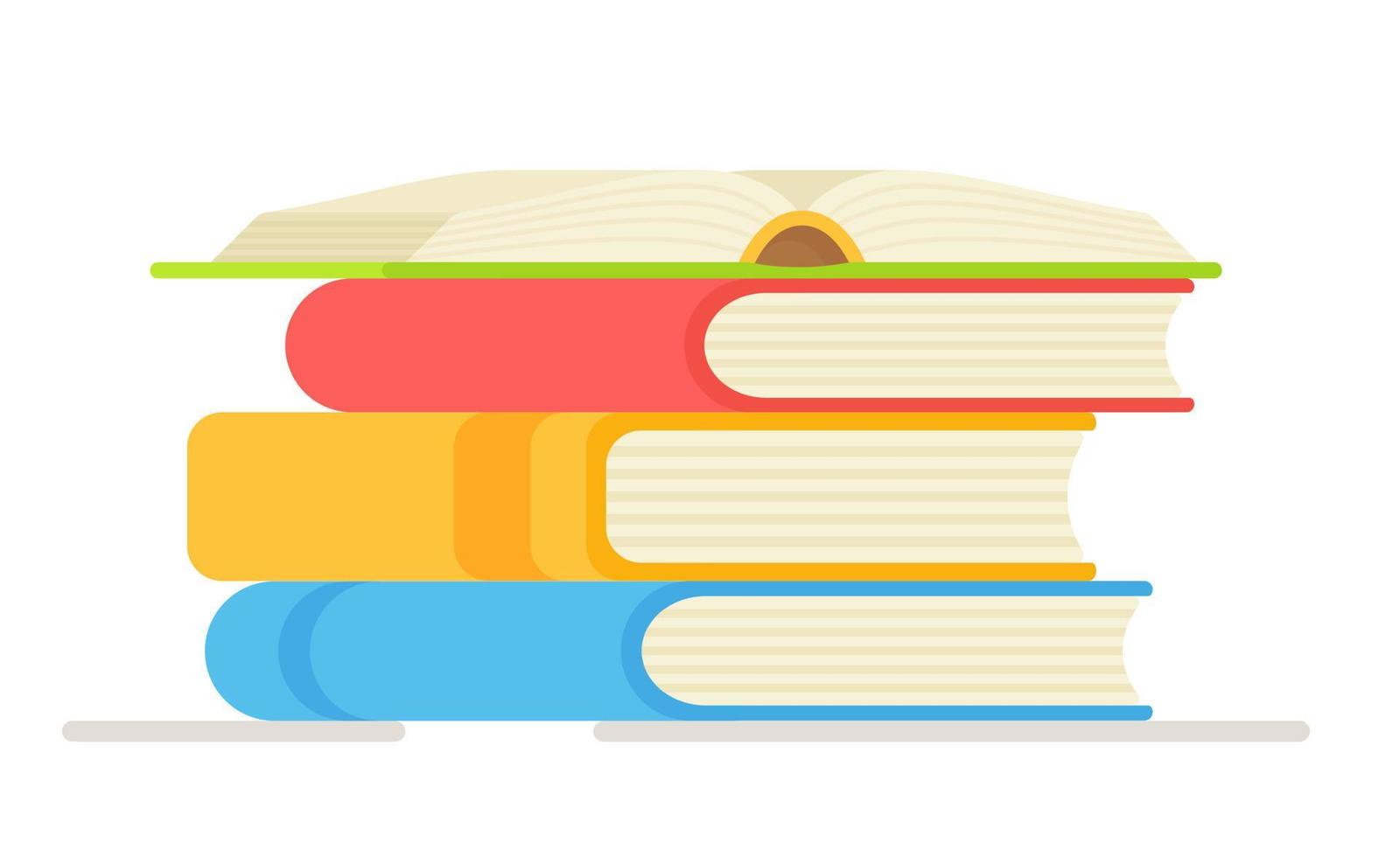 Vector illustration of a stack of books on a white background. Open book on red cover and stack.