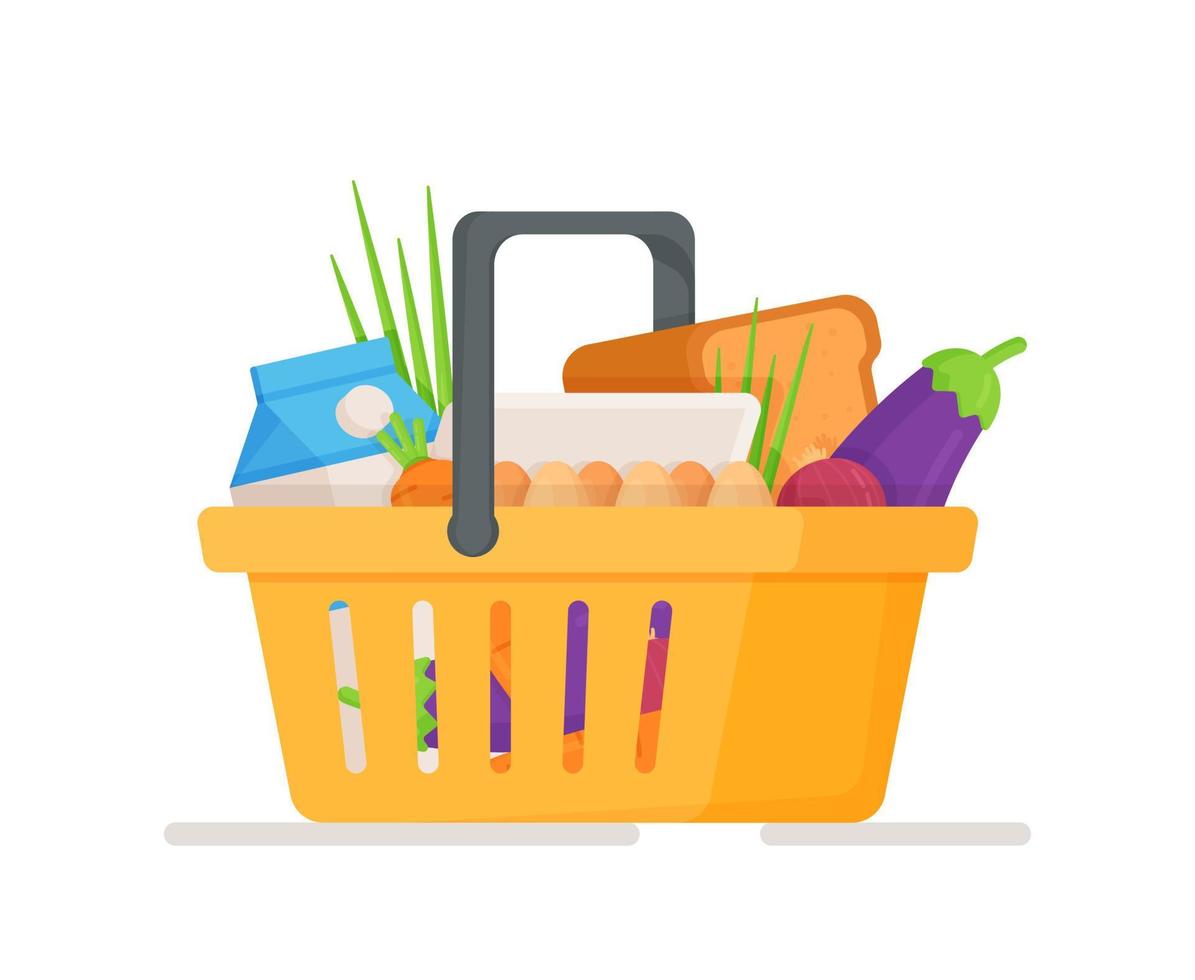 Shopping in the supermarket. Vector illustration of a food basket. Basket with vegetables and greens isolated on white background.