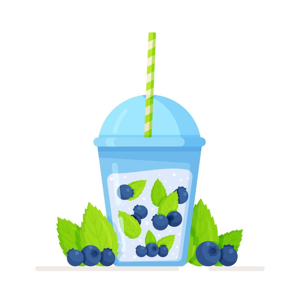 Vector illustration of an isolated clear glass with a blueberry and mint cocktail.