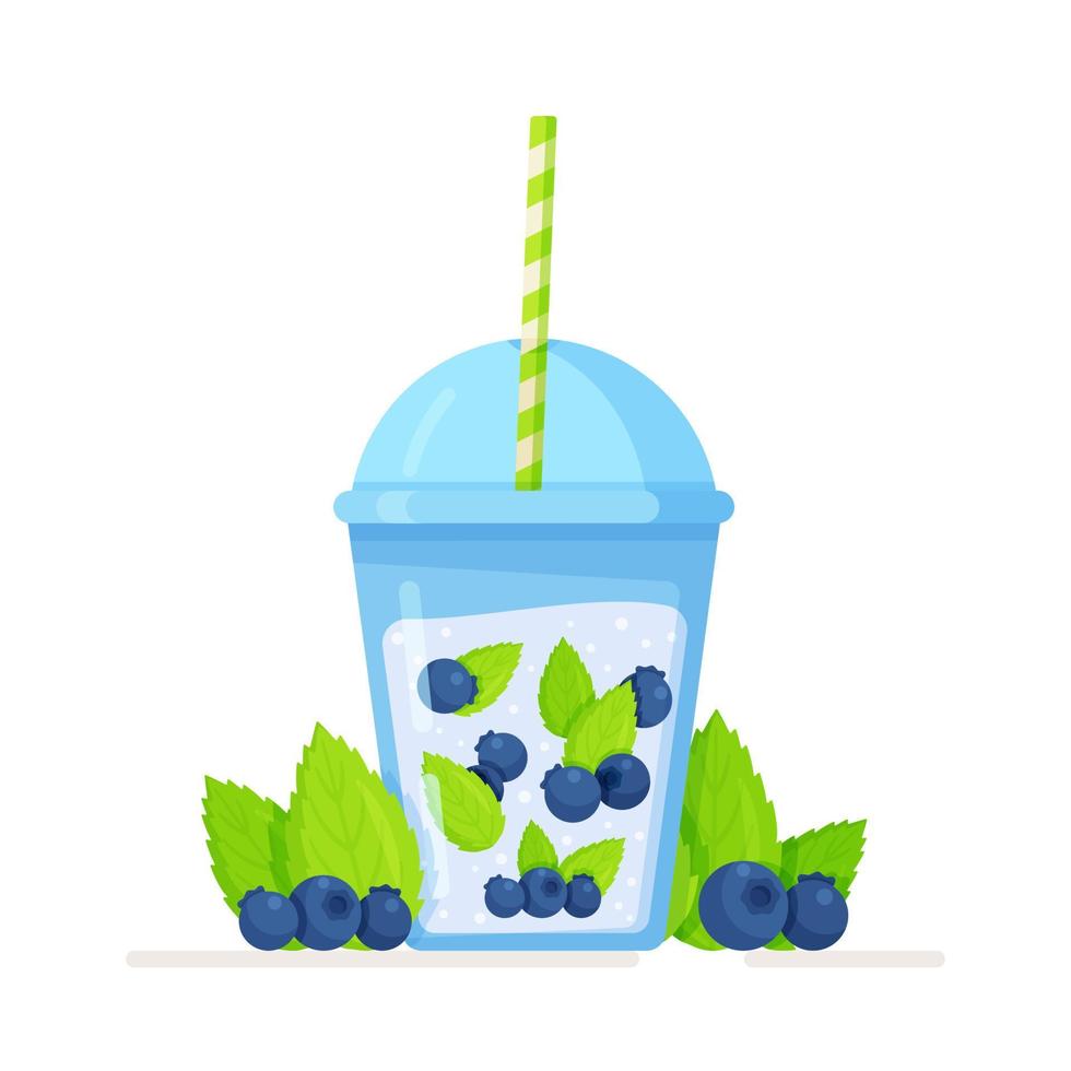 ilustración vectorial de un vaso transparente aislado con un cóctel de arándanos y menta. vector