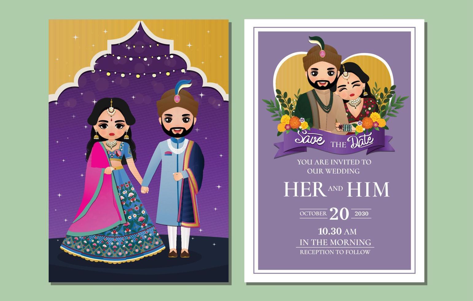 tarjeta de invitación de boda india lindo personaje de dibujos animados de pareja hindú en vista frontal y posterior vector