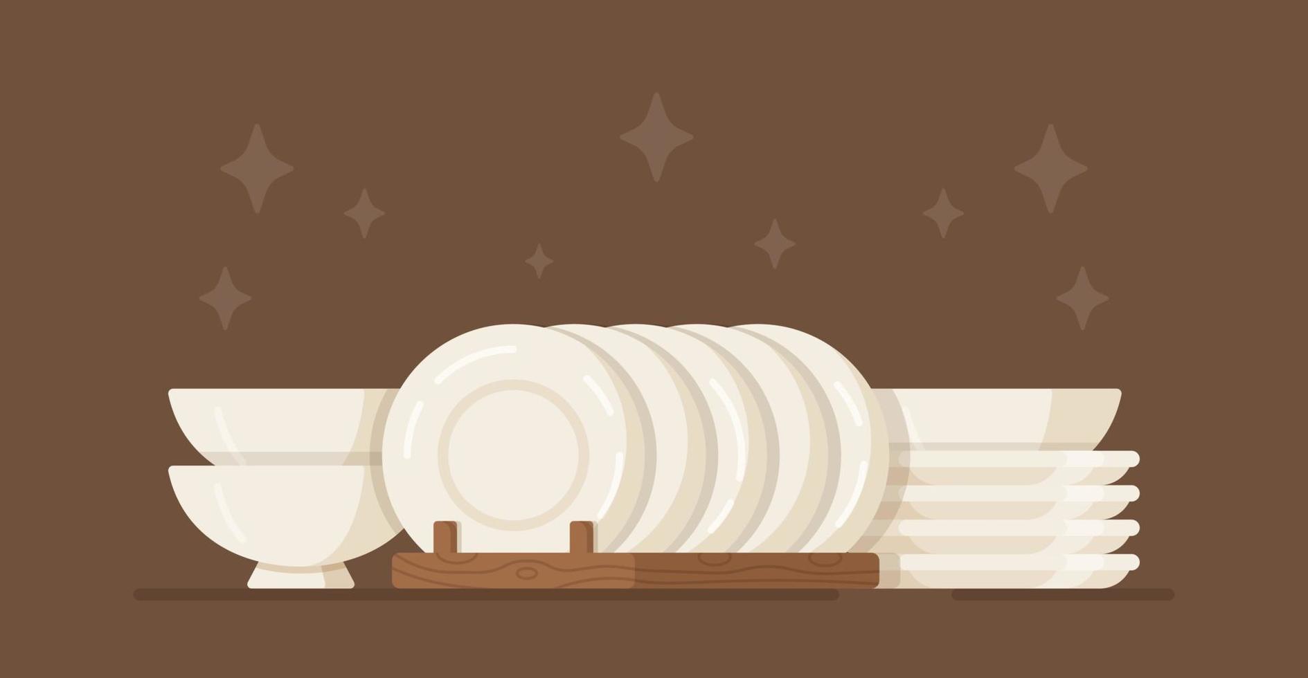 Beautiful clean white dishes. Illustration on the theme of washing dishes and cleaning the house. vector