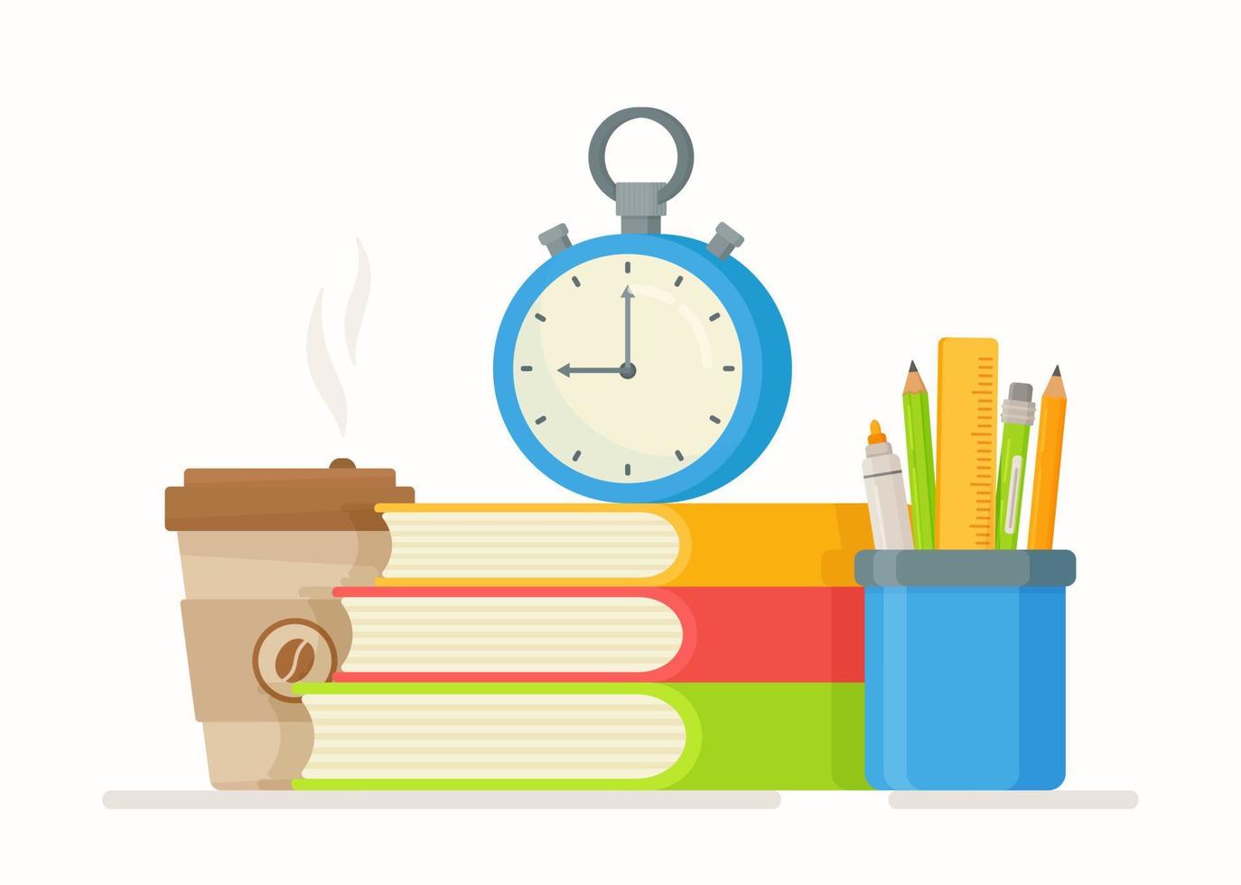 ilustración vectorial de un concepto escolar. libros escolares, vaso de café, reloj, bolígrafos. diseño plano de útiles escolares. vector